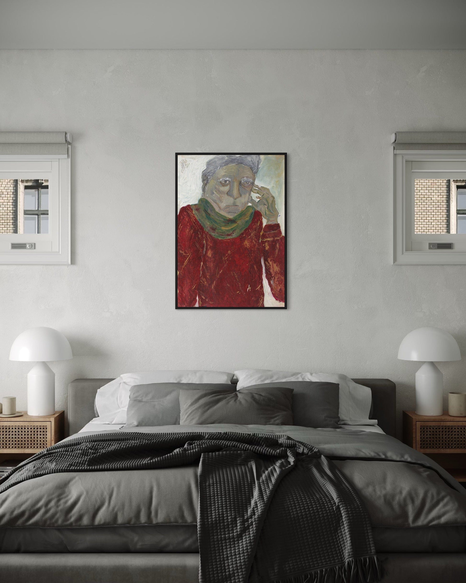Modern bedroom with a bed, nightstands, and a framed painting on the wall.