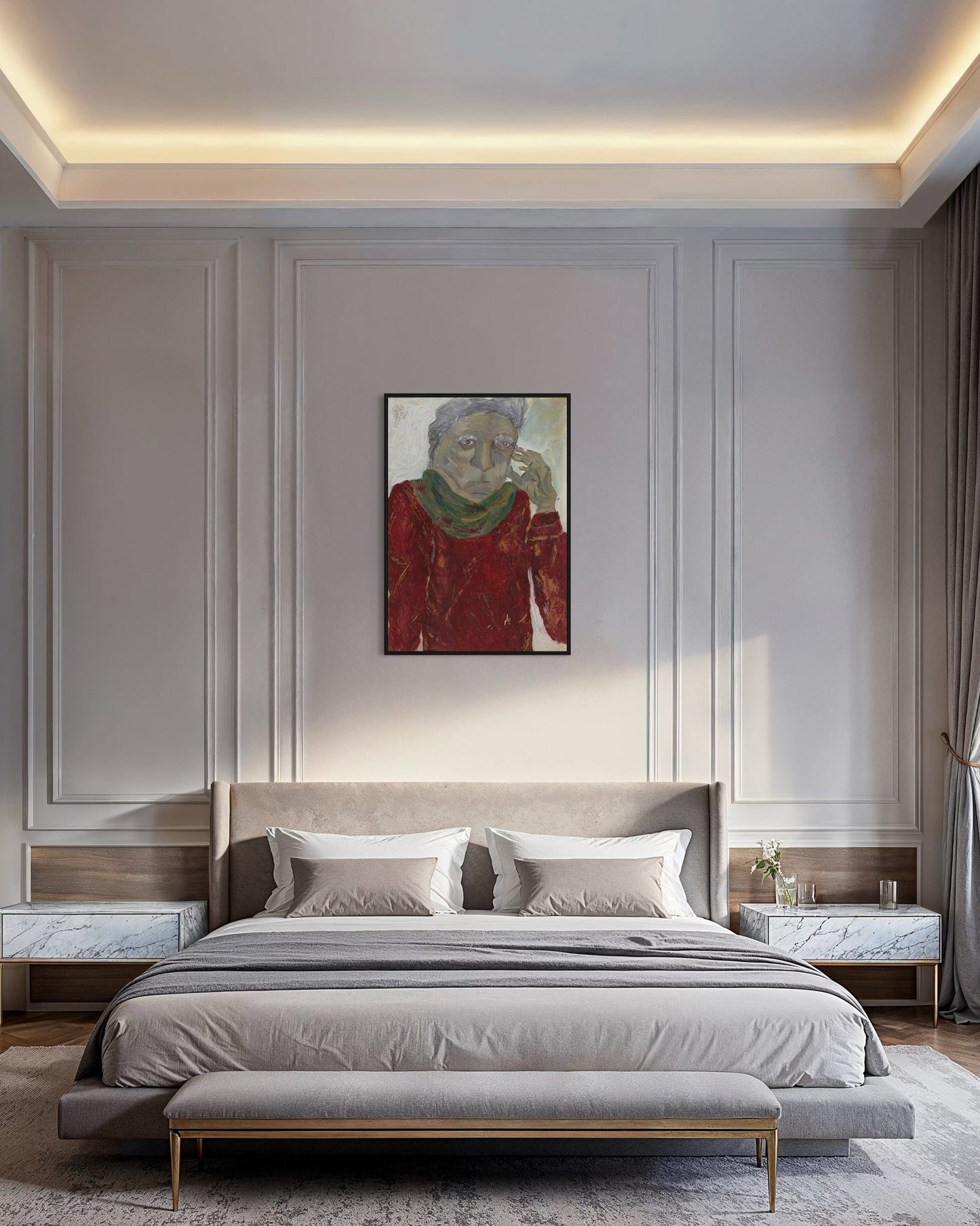 Modern bedroom with a bed, nightstands, and wall art.