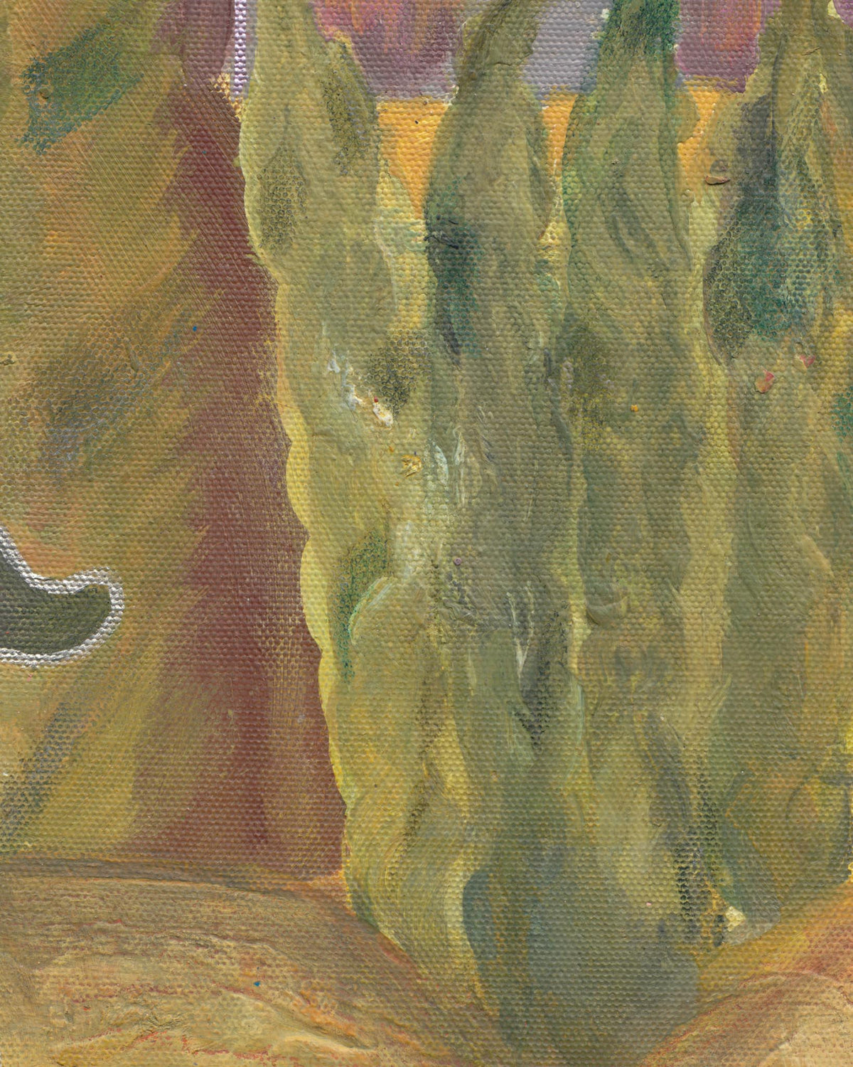 Close-up of a painting of cypress trees with a warm color palette.