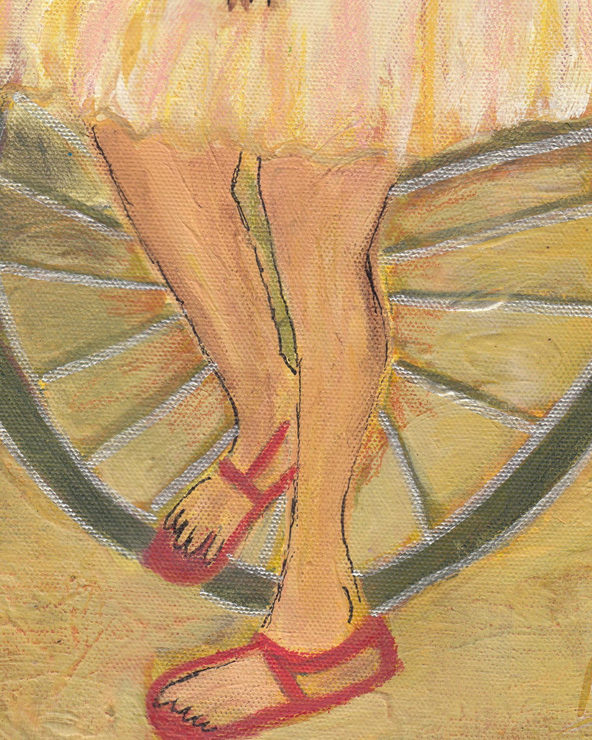 Painting of a ballerina's legs in a tutu and red shoes on a textured background