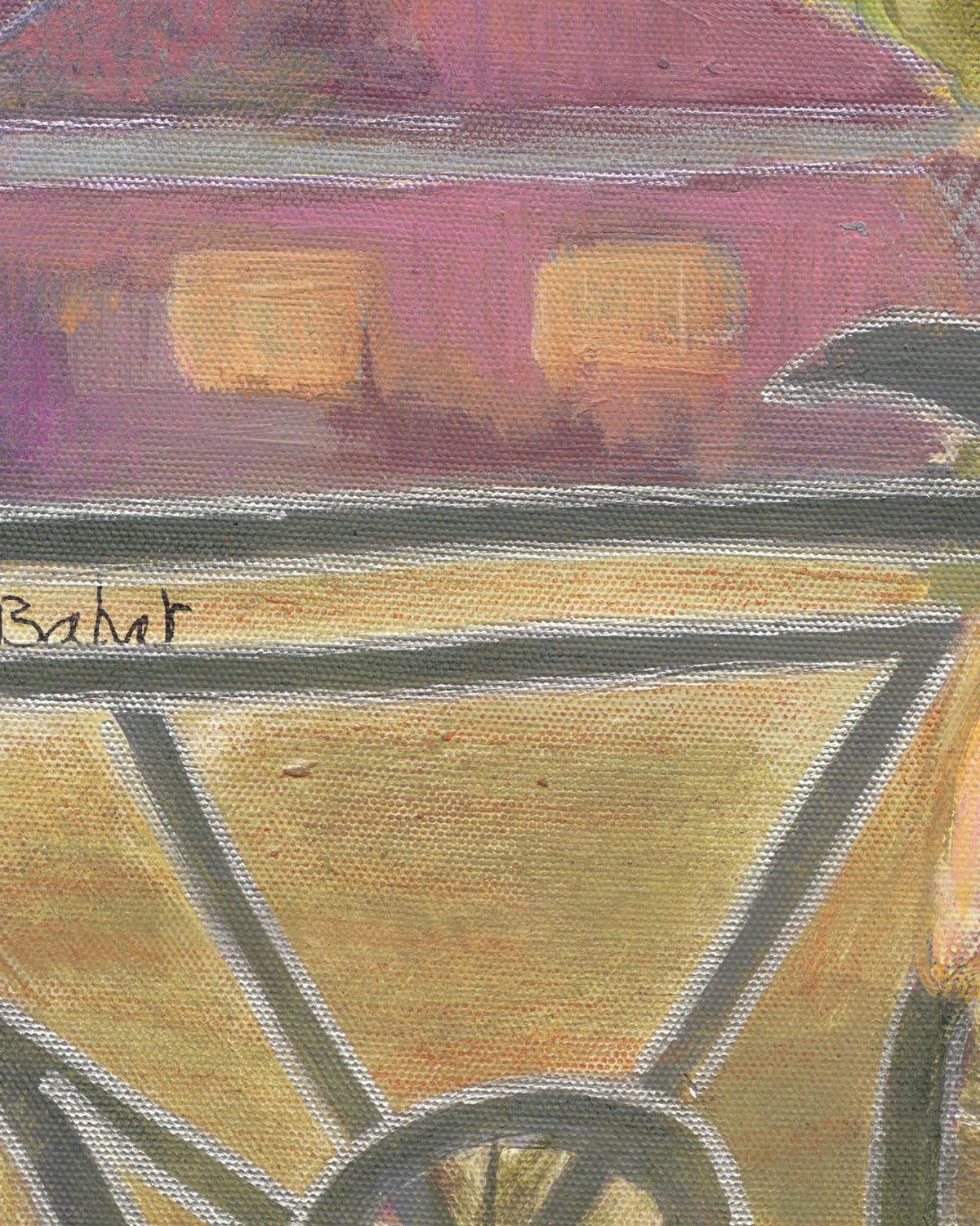 Close-up of a painting with abstract shapes and colors, featuring the artist's signature.
