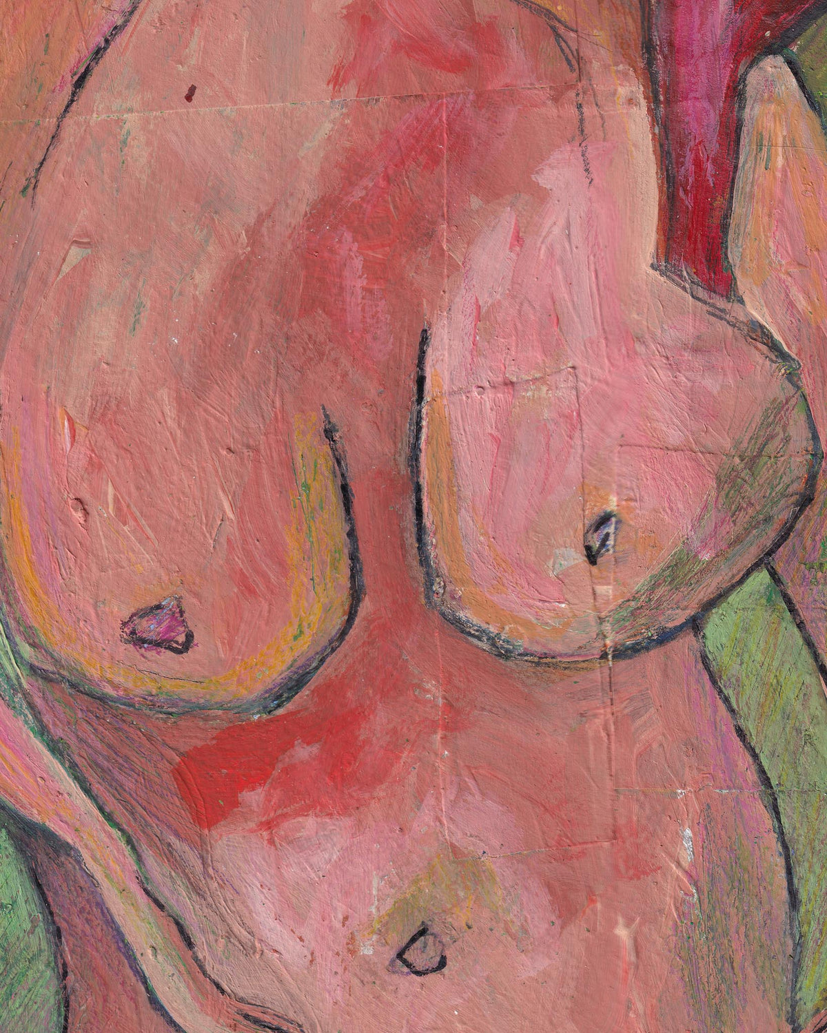 Abstract painting of a female figure with pink and green tones
