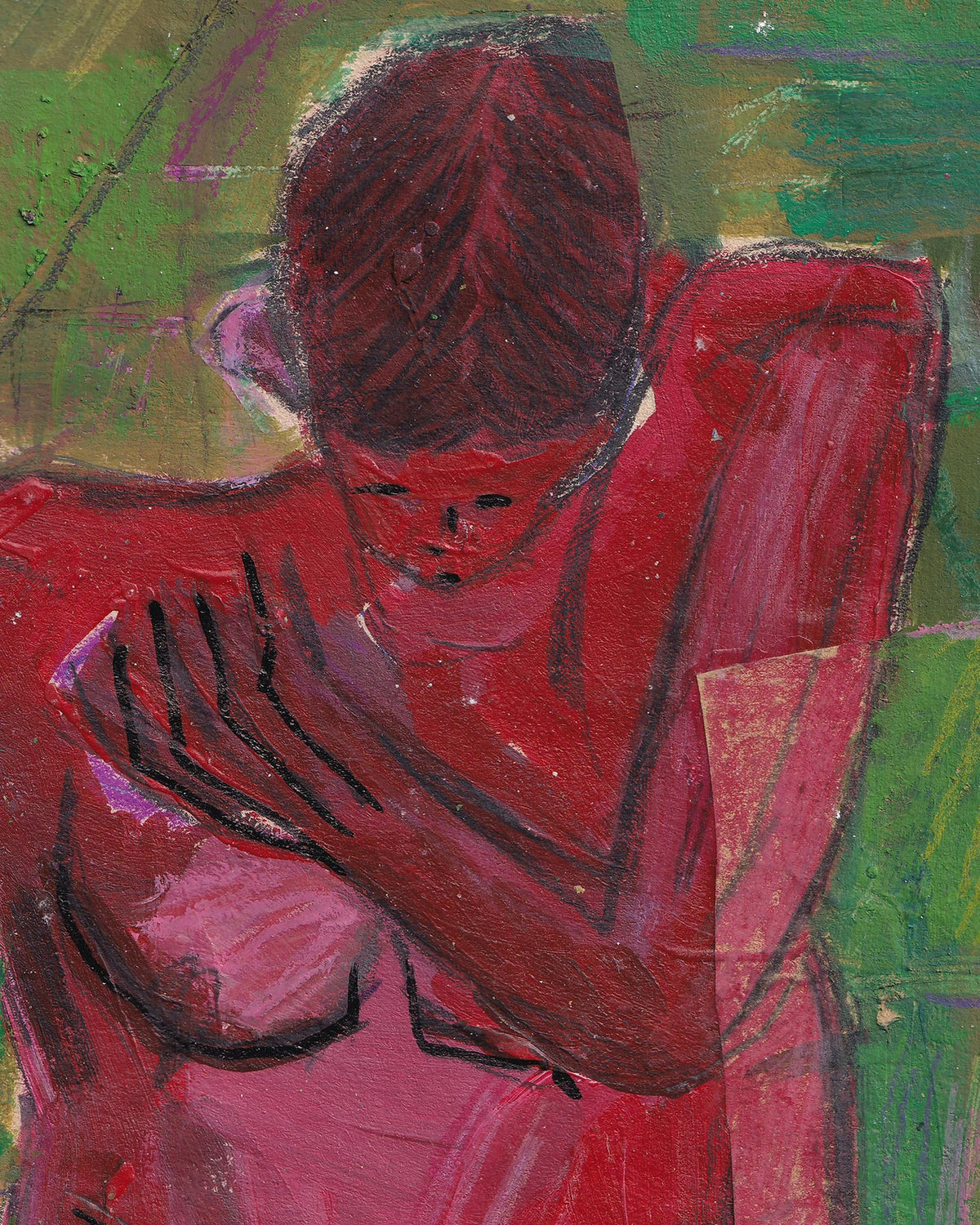 Artistic depiction of a person in red against a green background