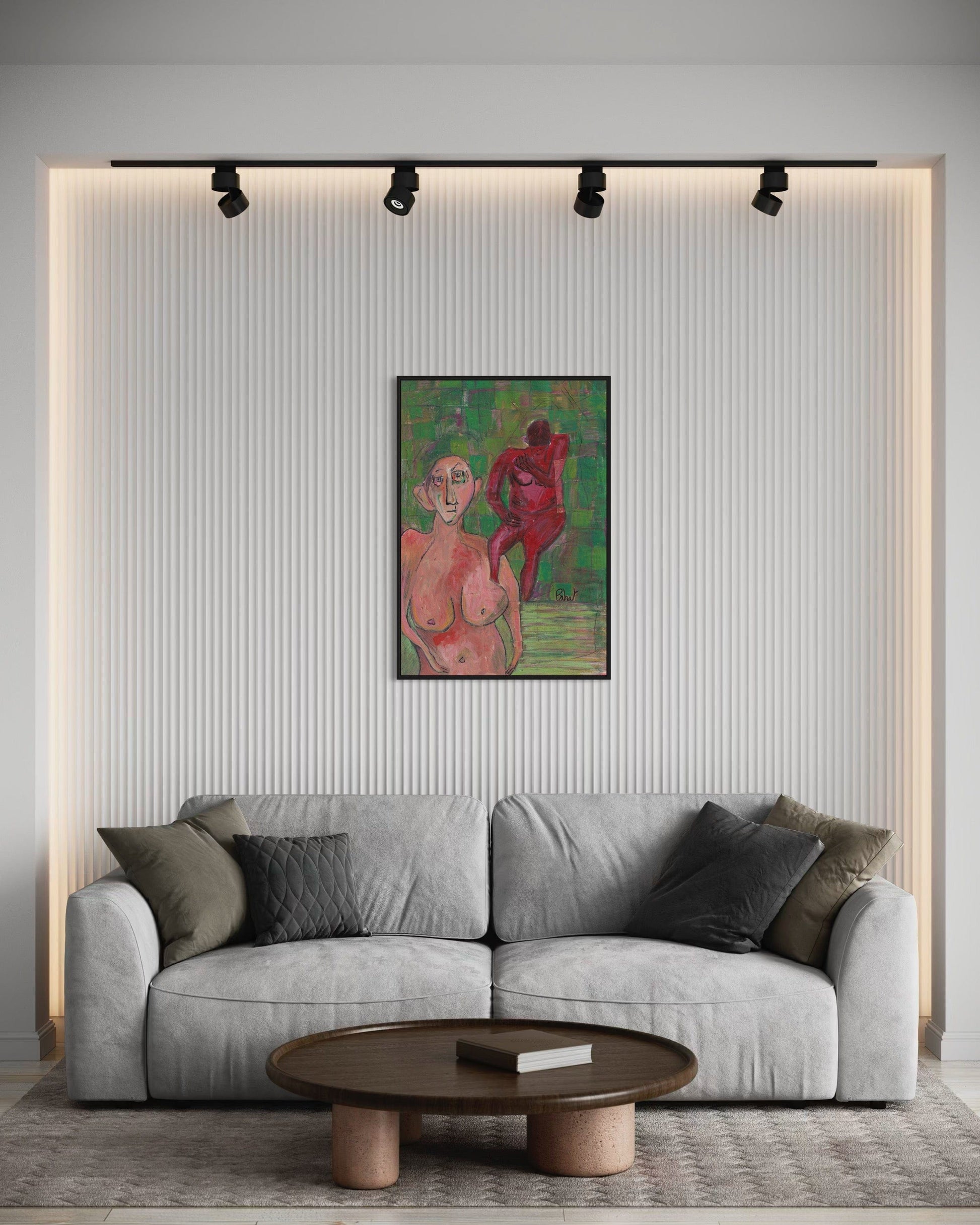 Living room with a gray sofa, wooden coffee table, and colorful abstract painting on the wall.