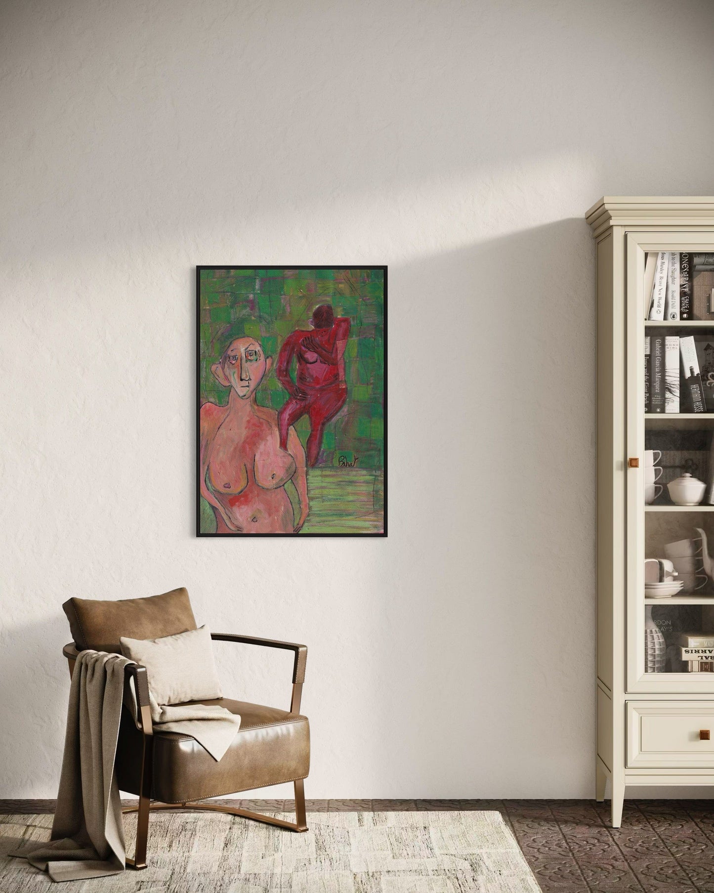 Abstract painting on a wall above a chair in a room with a cabinet.