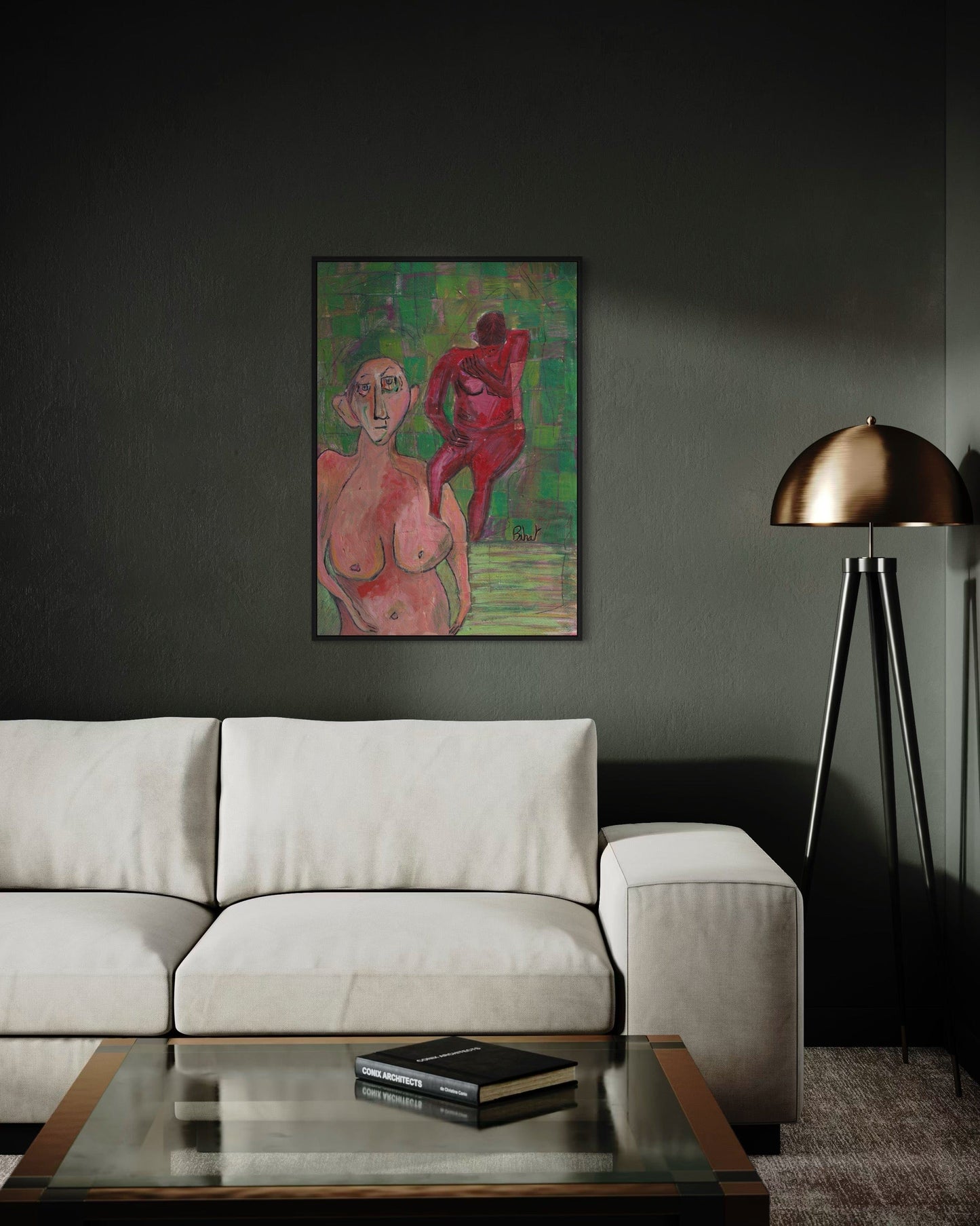 Modern living room with a painting of two figures on a dark wall, a beige sofa, and a floor lamp.
