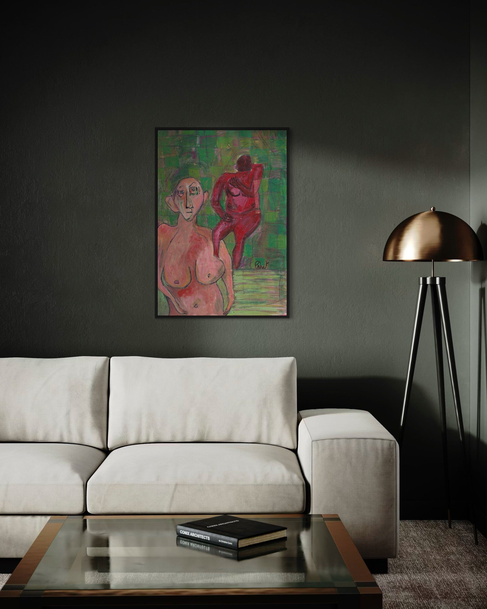 Modern living room with a painting of two figures on a dark wall, a beige sofa, and a floor lamp.
