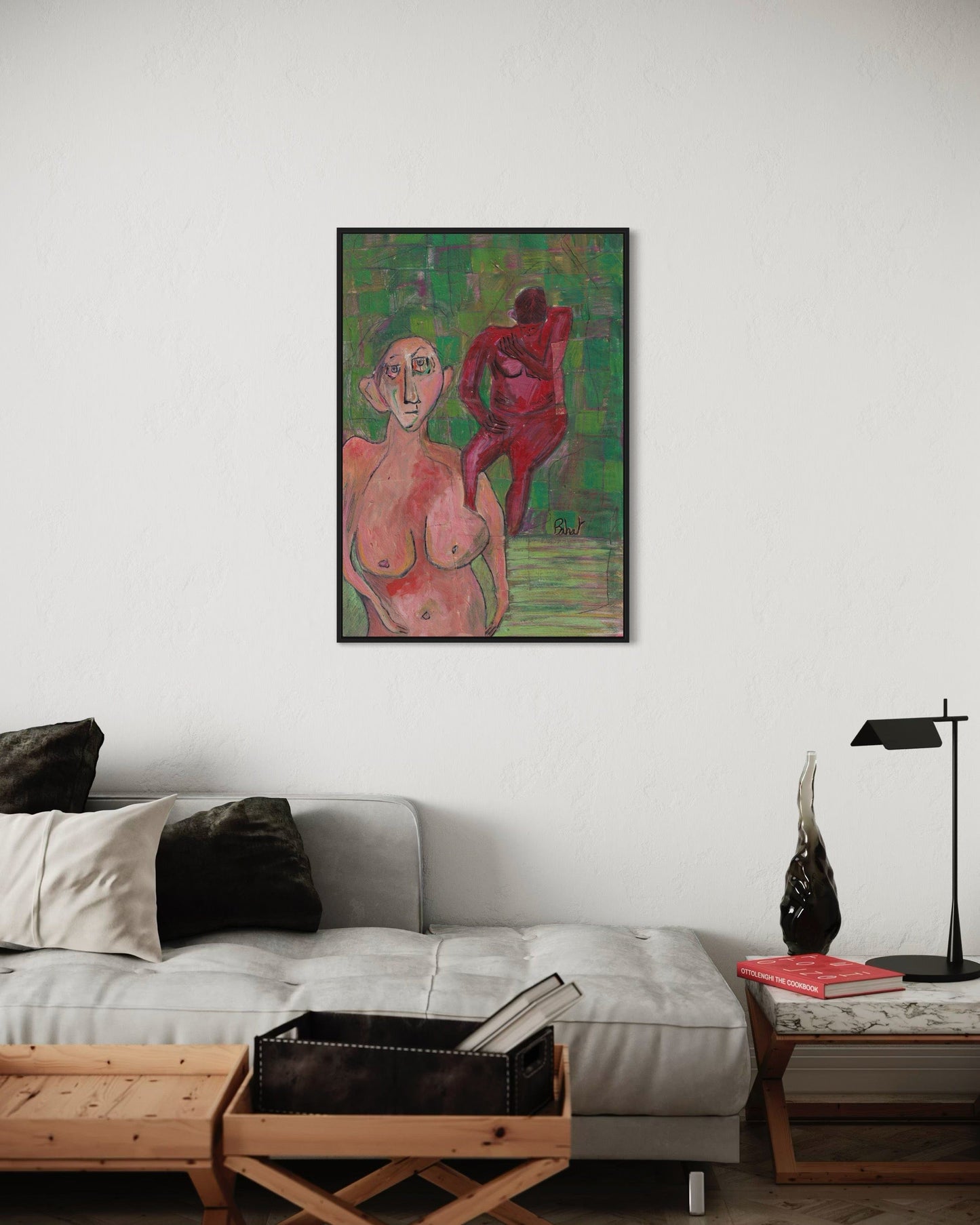 Abstract painting of two figures in a living room setting with a sofa and lamp.