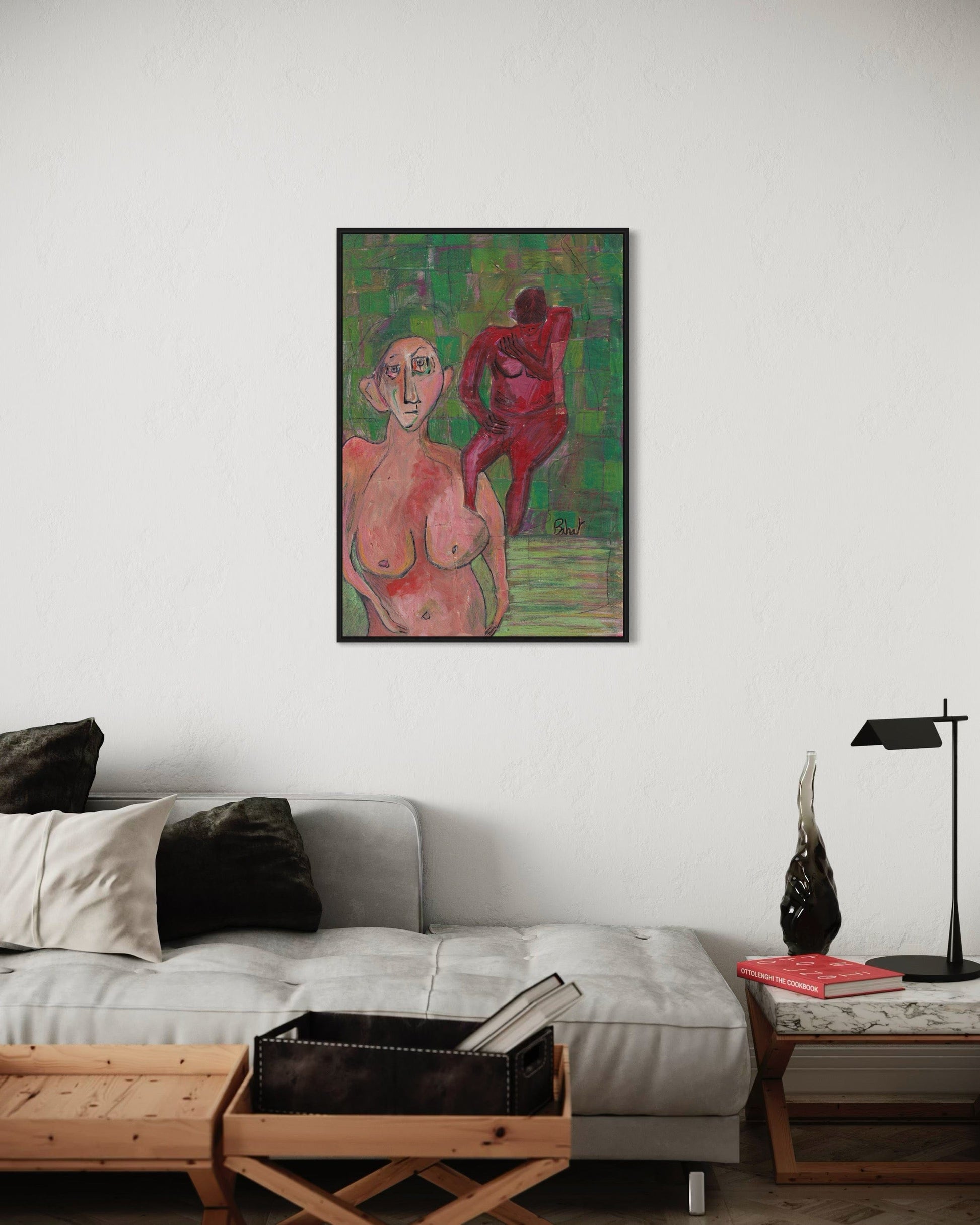 Abstract painting of two figures in a living room setting with a sofa and lamp.