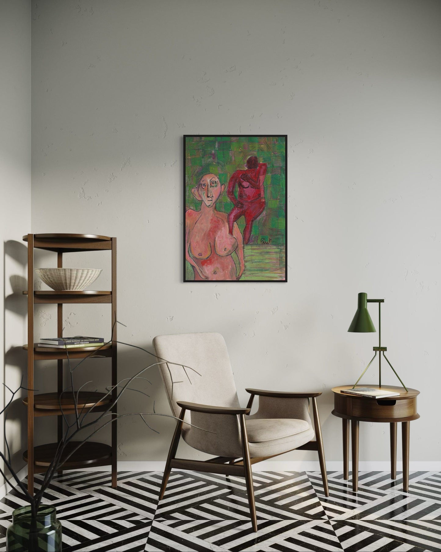 Modern interior with a chair, side table, and abstract painting on the wall.