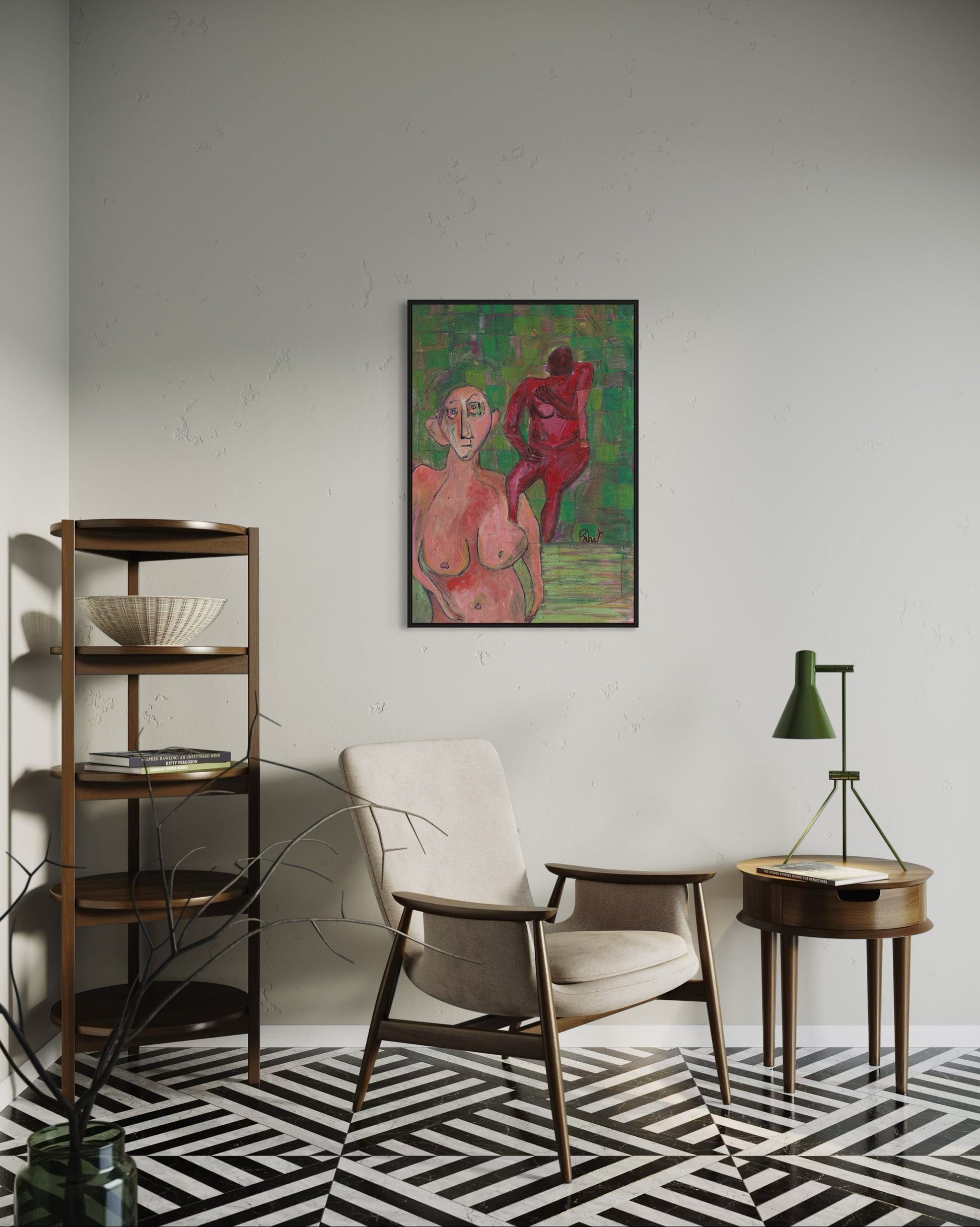 Modern interior with a chair, side table, and abstract painting on the wall.