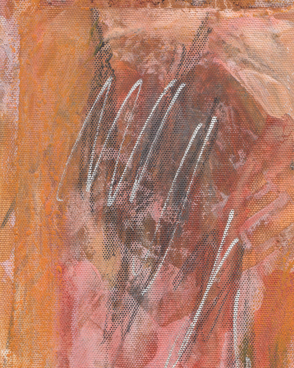 Abstract art with orange, brown, and black colors on a textured surface