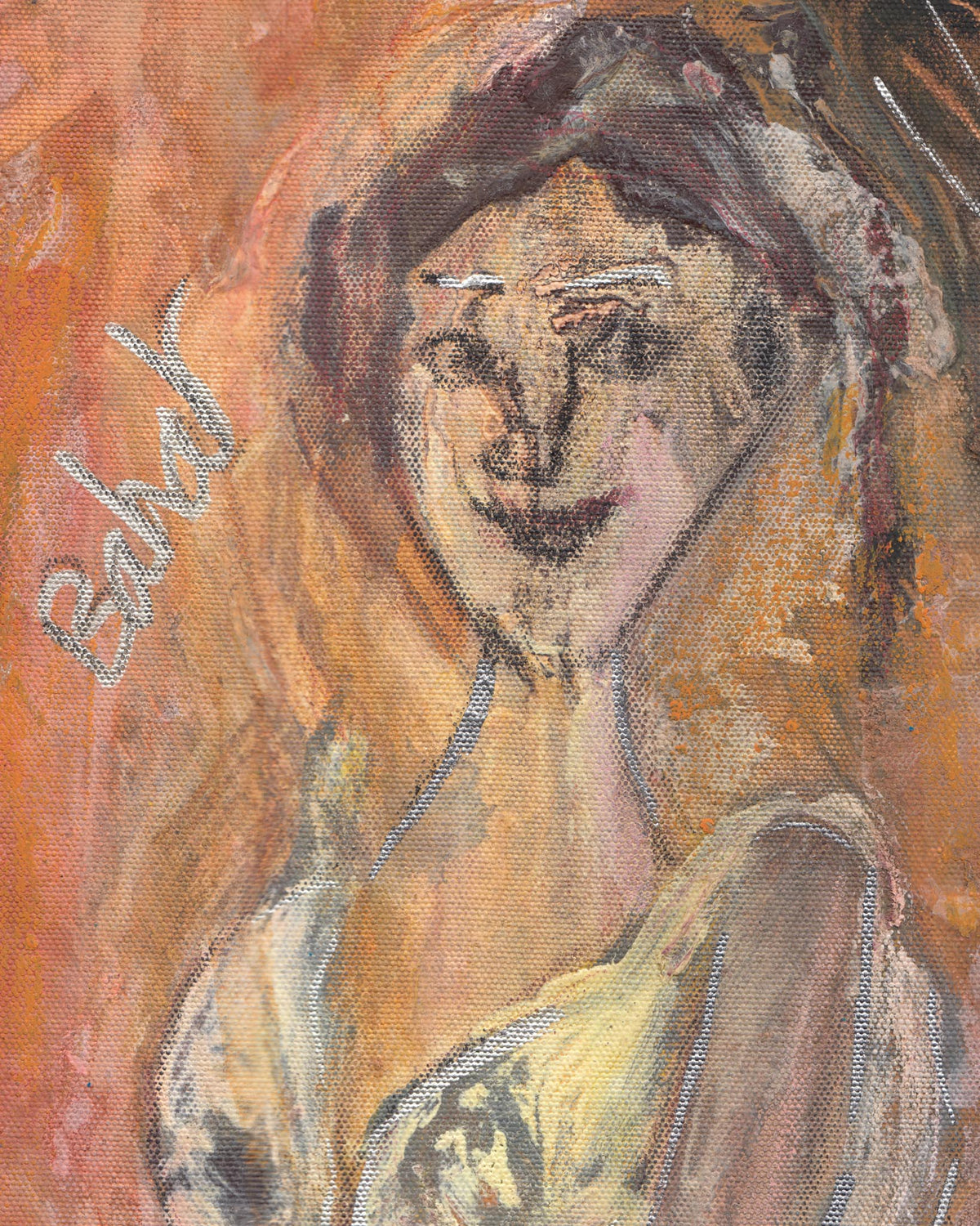 Artistic depiction of a woman with a warm color palette, possibly oil painting.
