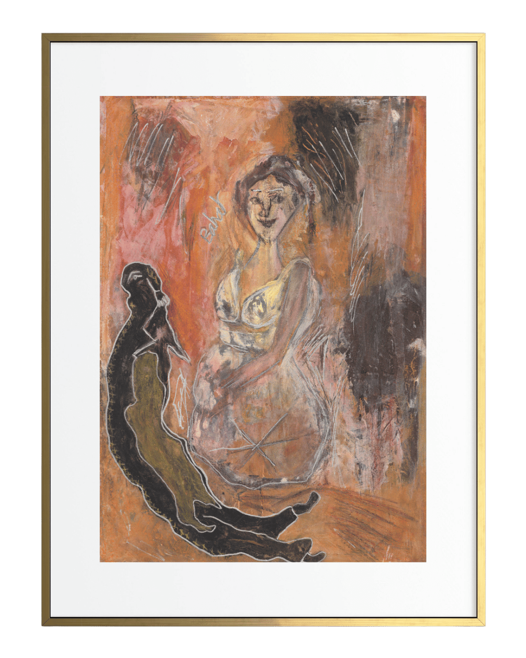 Framed abstract artwork with a central figure in a white dress and black hair.