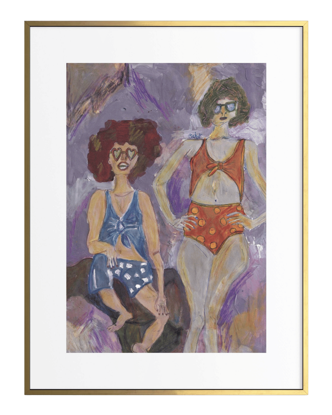 Framed artwork of two women in swimsuits on a purple background