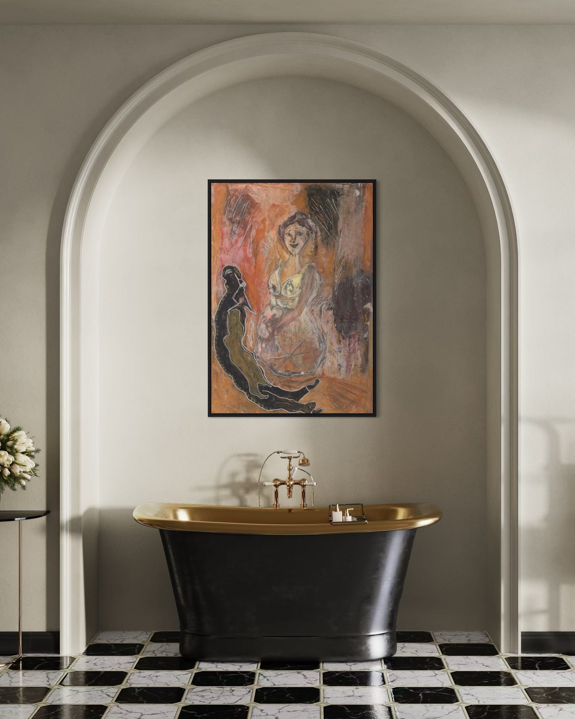 Bathroom with black freestanding bathtub, checkered floor, and abstract painting on wall.
