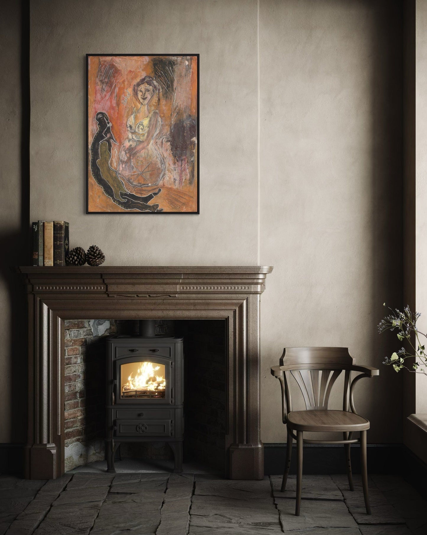 Cozy room with a lit wood stove, framed painting, and wooden chair.
