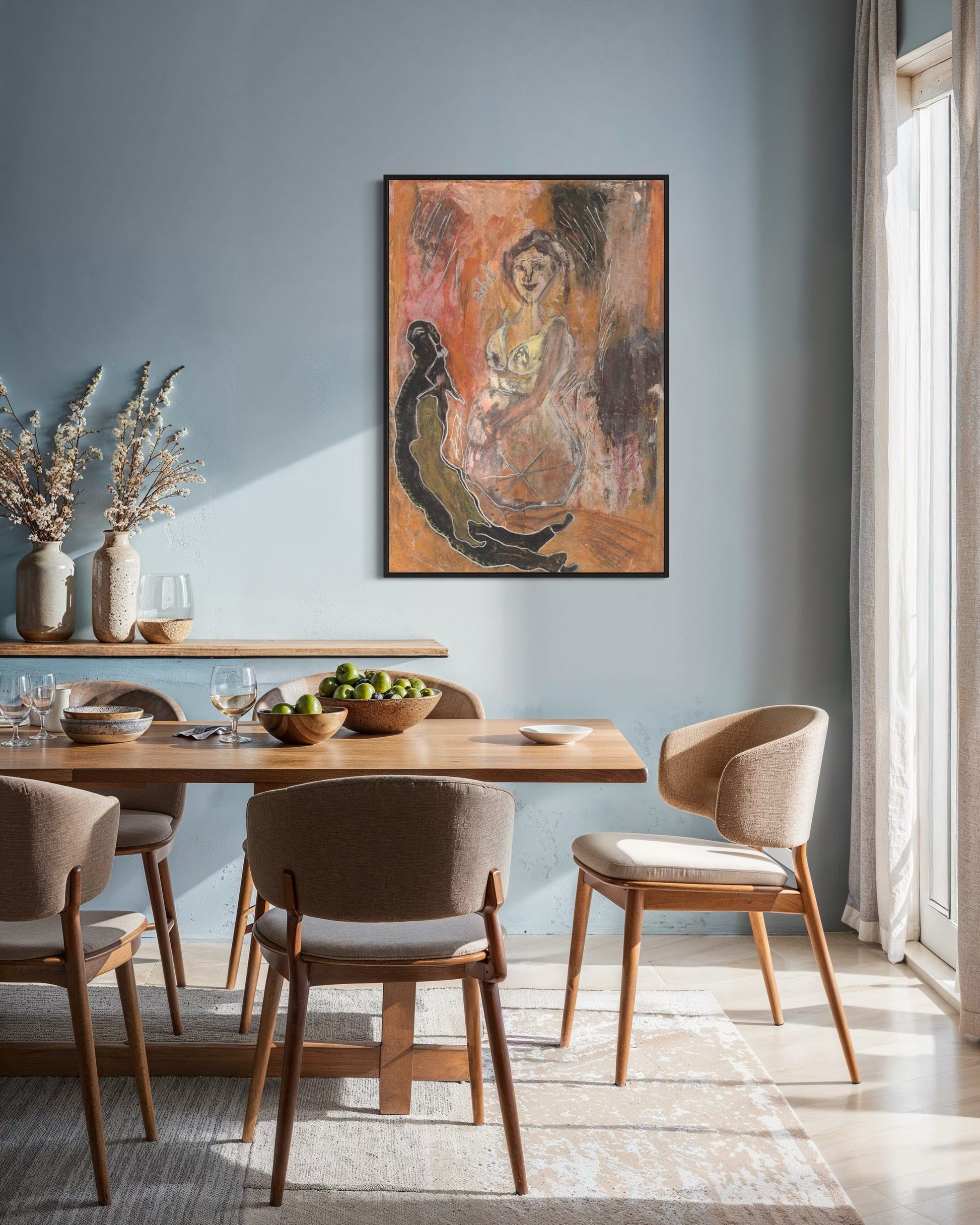 Dining room with wooden table and chairs, abstract painting on wall, and natural light.