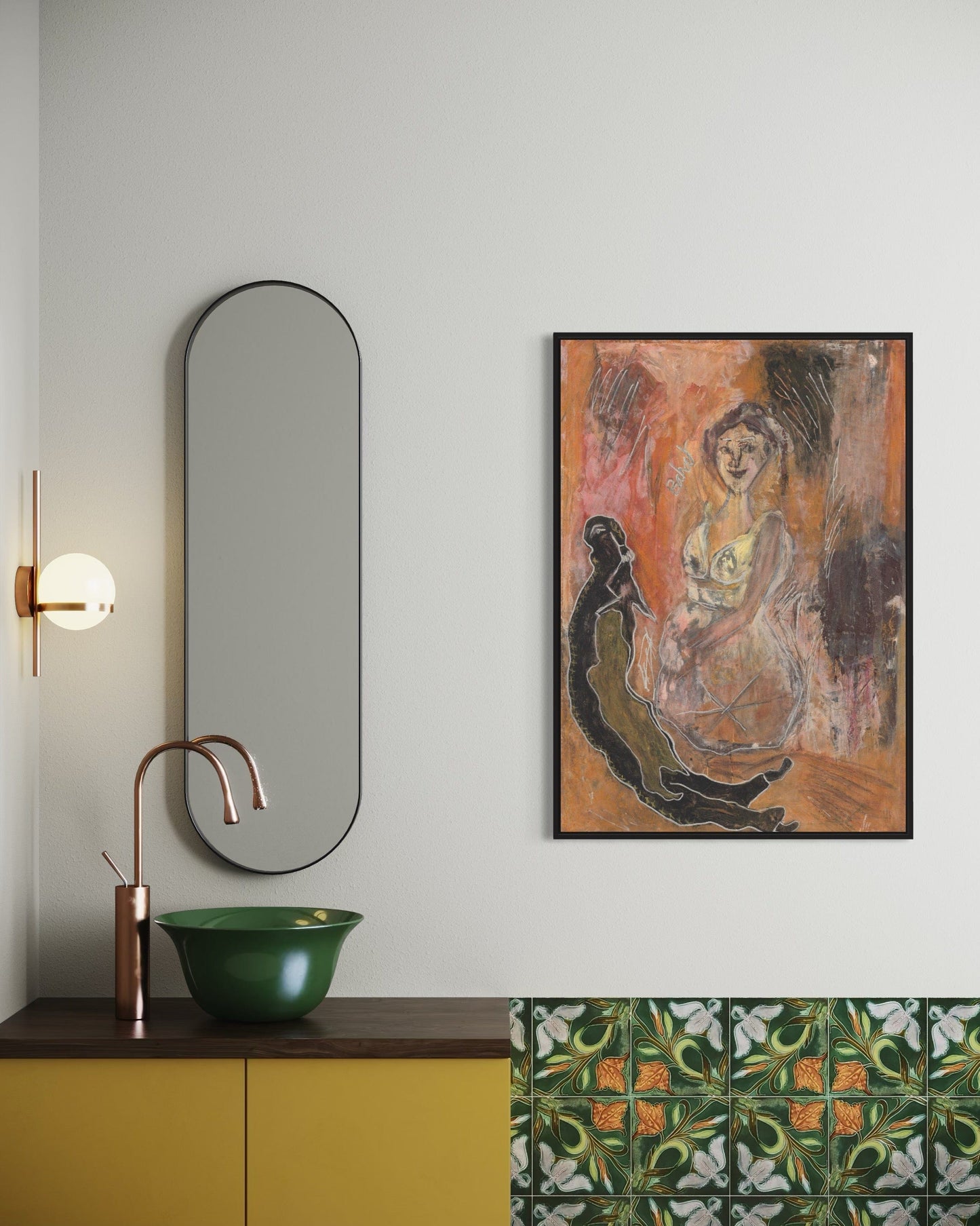 Bathroom interior with a mirror, sink, and wall art on a light gray wall.