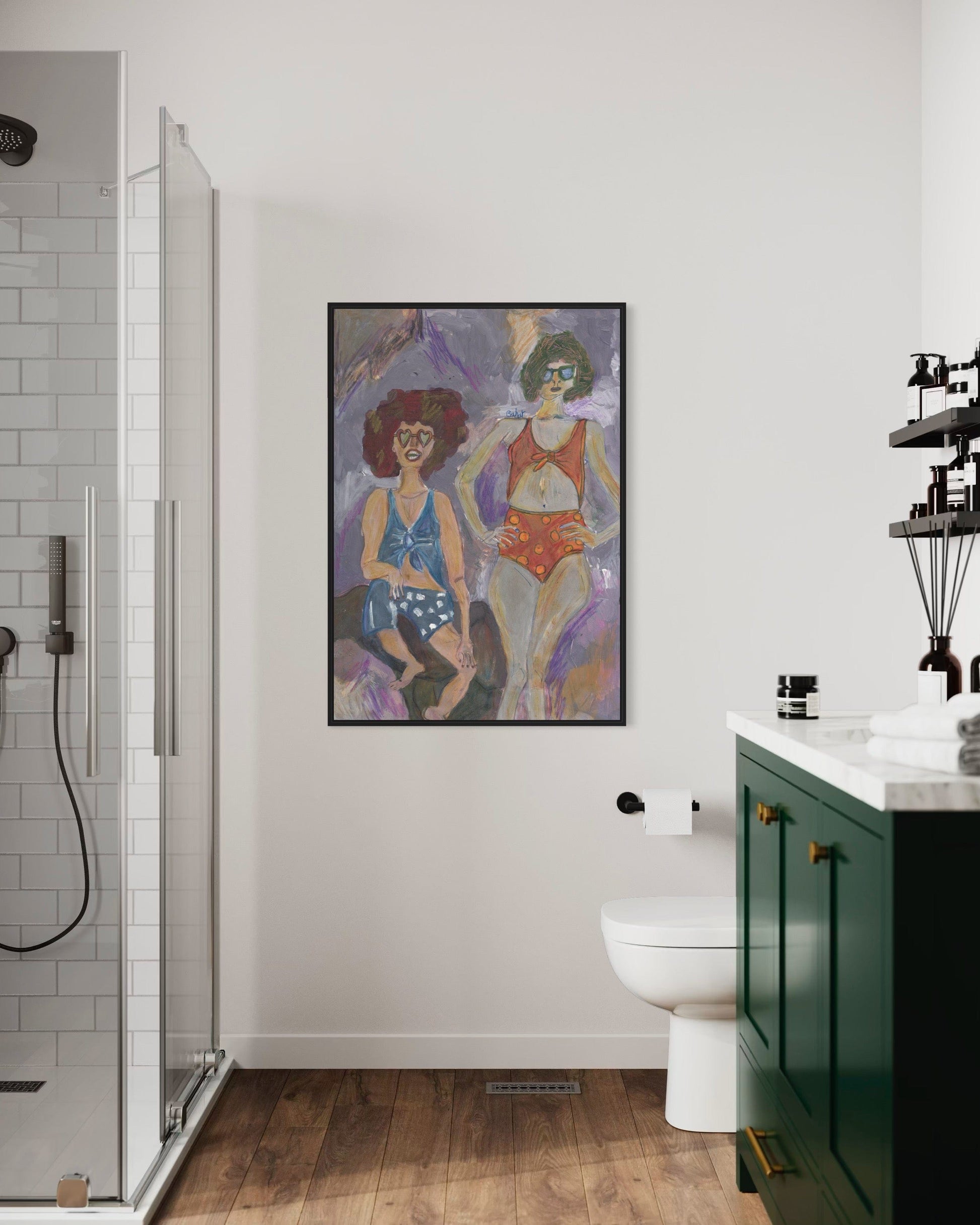 Bathroom interior with a colorful painting of two women on the wall.