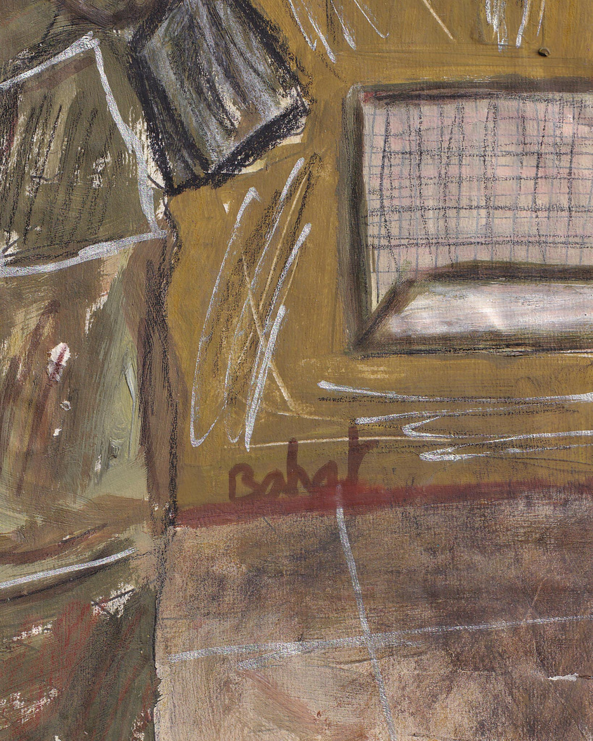 Abstract artwork with a signature in red