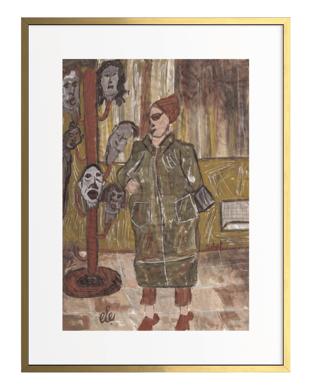 Framed artwork of a woman in a green coat standing next to a tree with masks on a white background