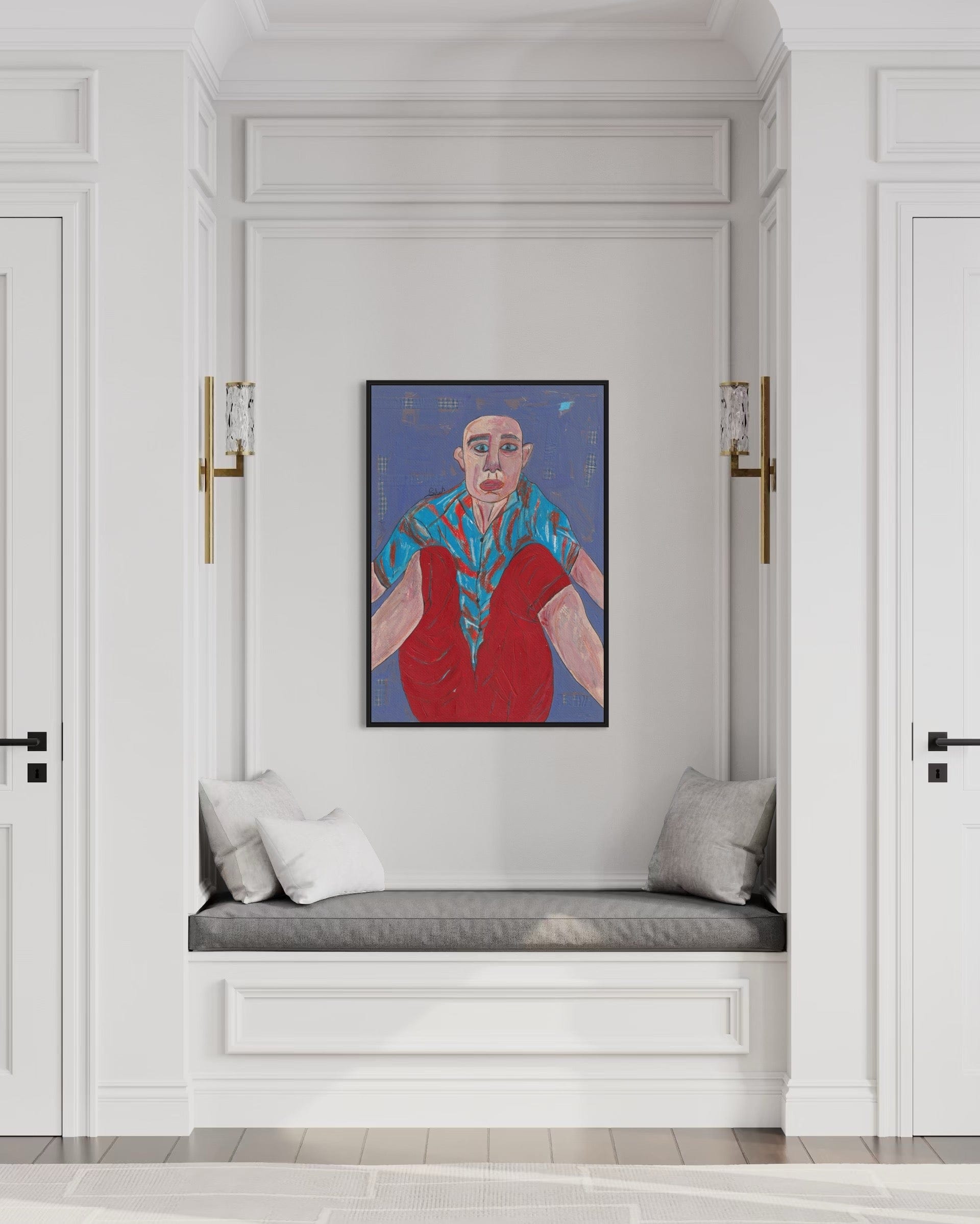 Artistic portrait of a person in a colorful outfit on a wall above a bench with pillows.