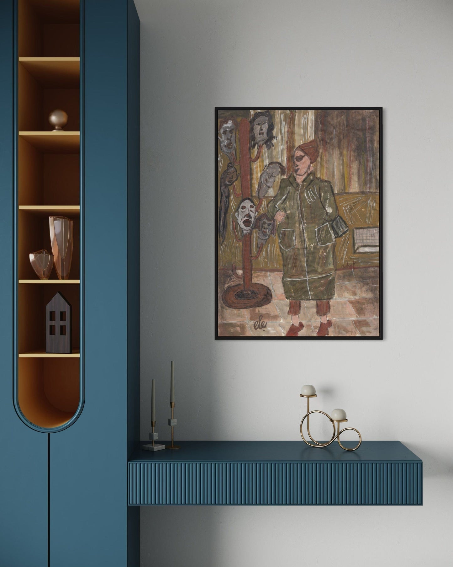 Modern interior with a blue wall unit, shelves, and a framed artwork on a white wall.