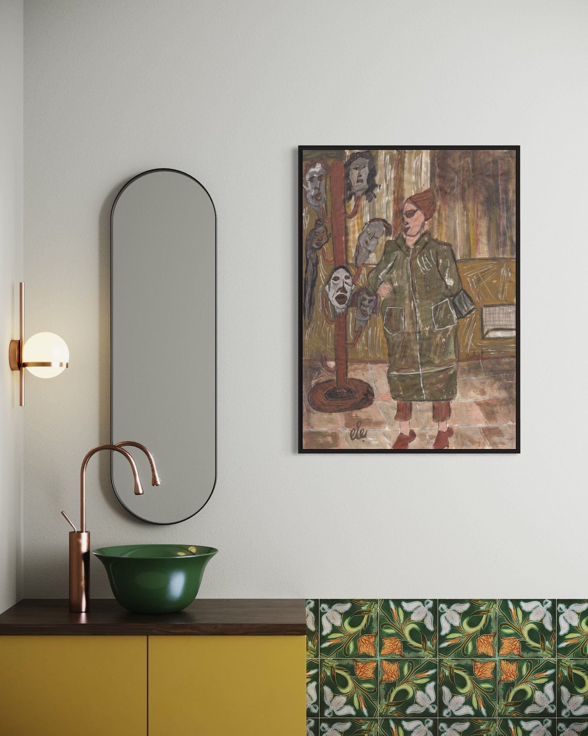 Modern bathroom interior with a mirror, sink, and wall art.