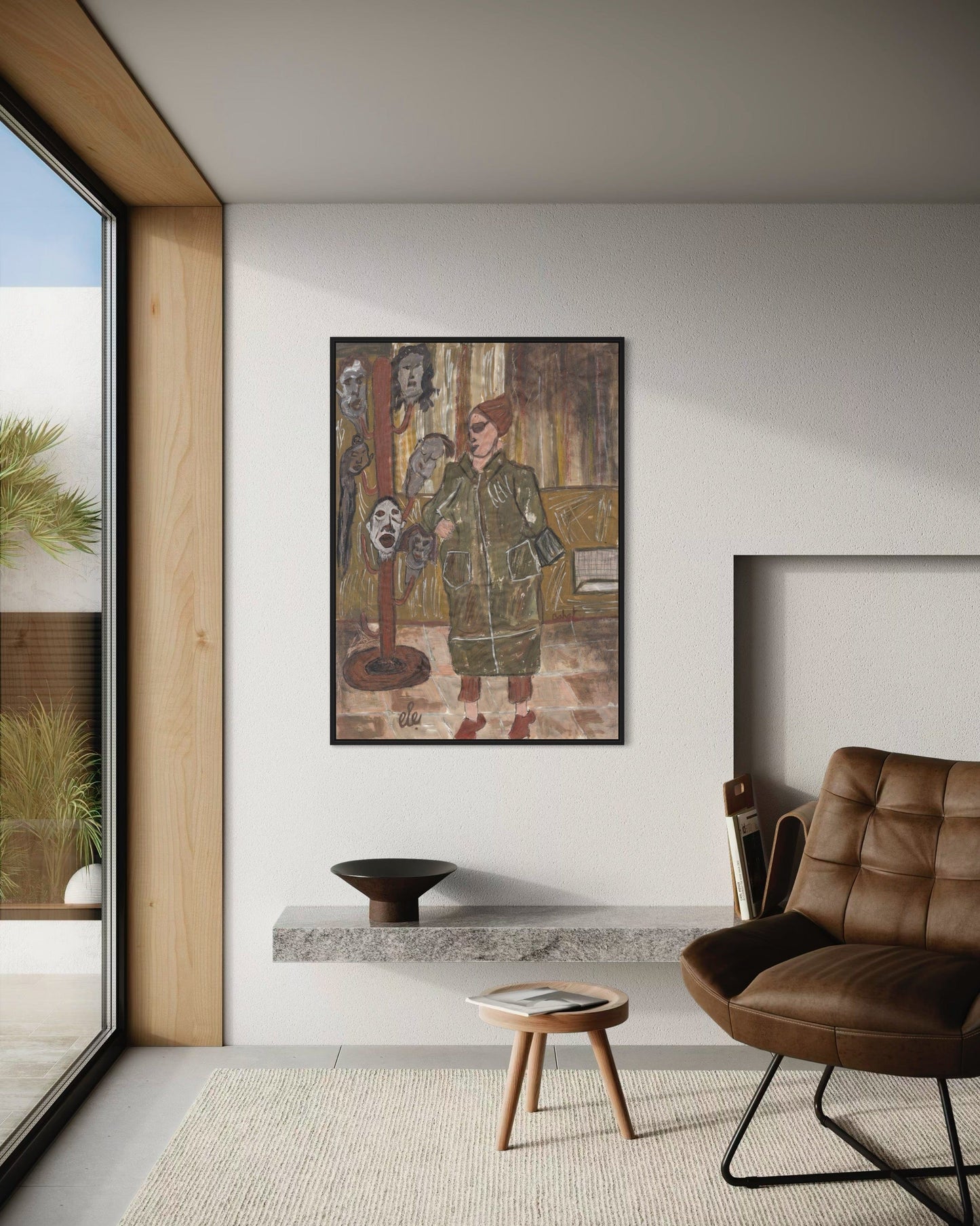 Modern living room with a brown leather chair, abstract artwork on the wall, and a fireplace.