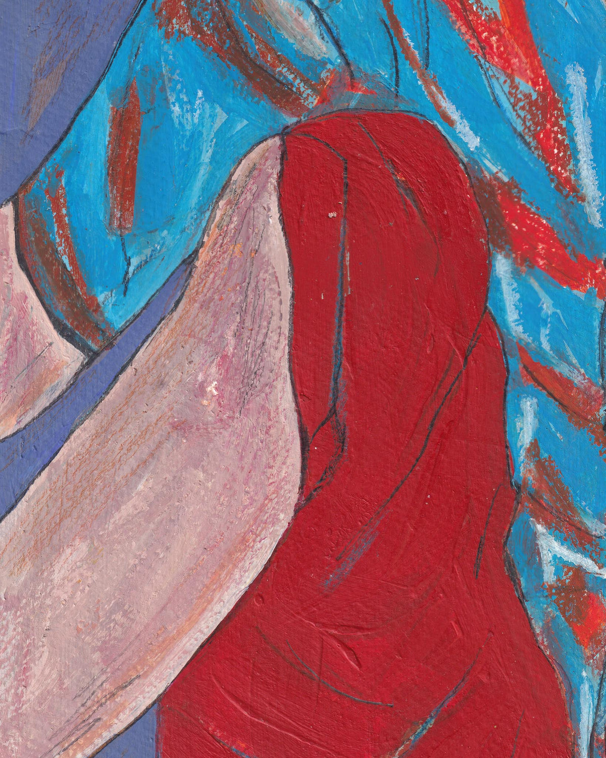Abstract artwork with a red figure against a blue and pink background