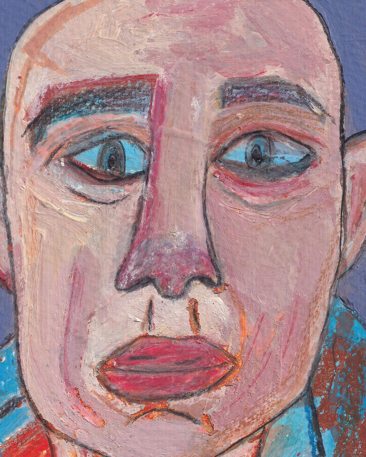Abstract painting of a face with exaggerated features on a blue background