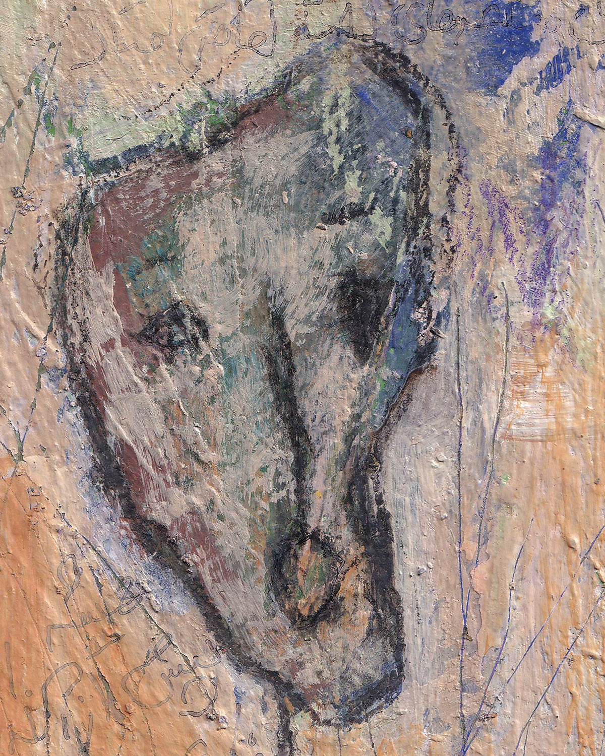 Abstract painting of a face with textured background