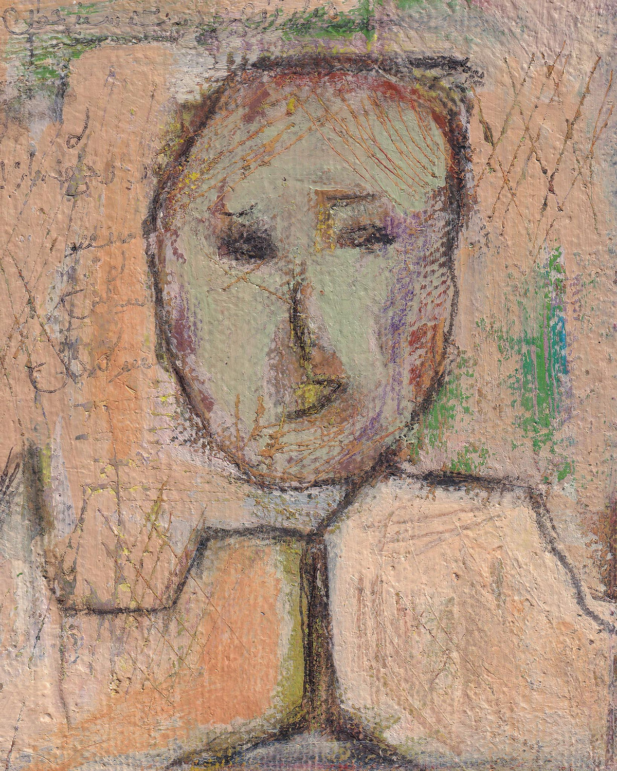 Abstract artwork with a stylized face on a textured background