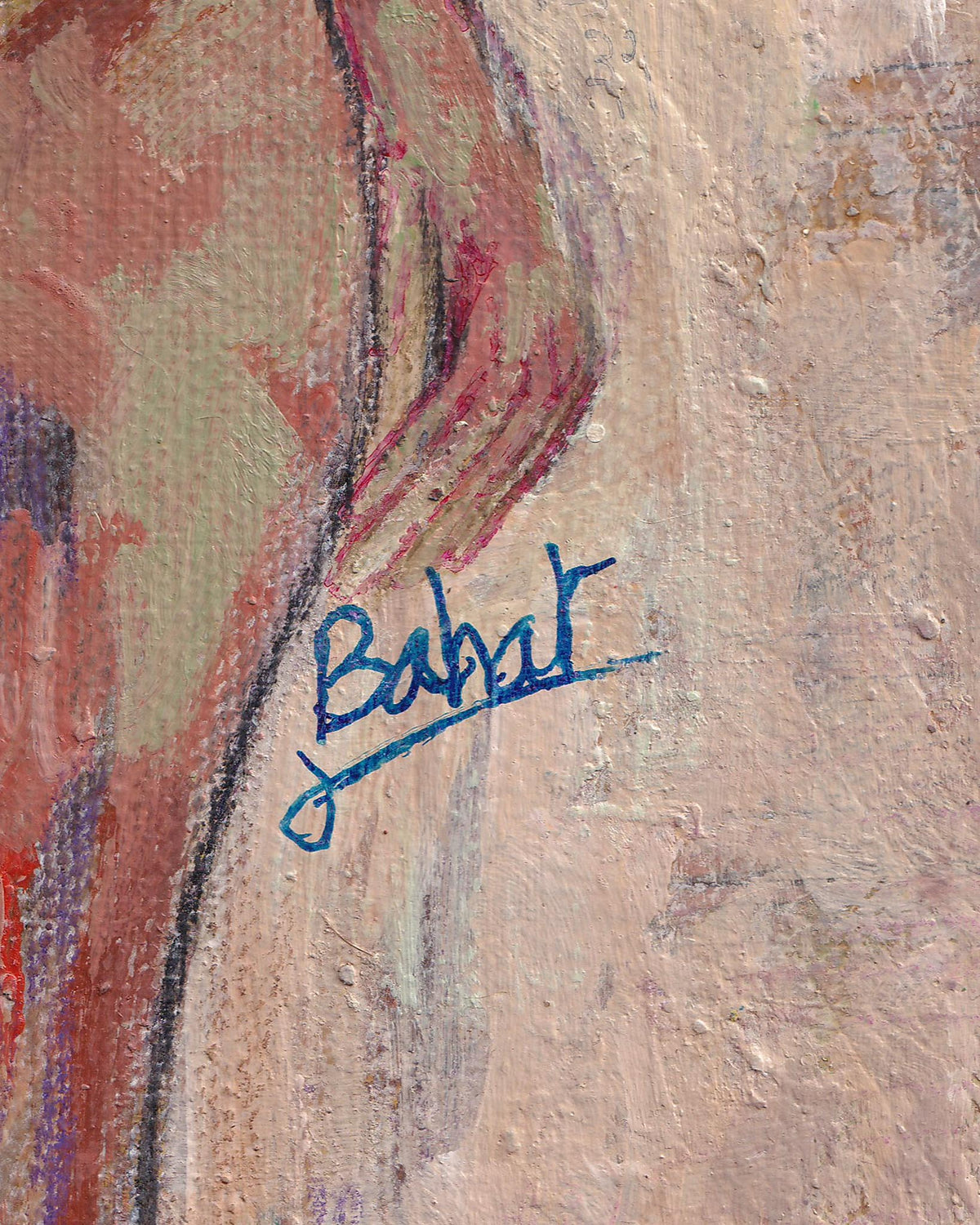 Artistic signature 'Babat' on a textured surface with abstract colors.