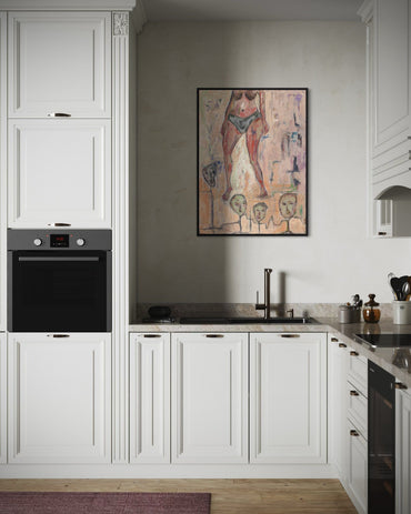 Modern kitchen with white cabinets, black appliances, and a colorful abstract painting on the wall.