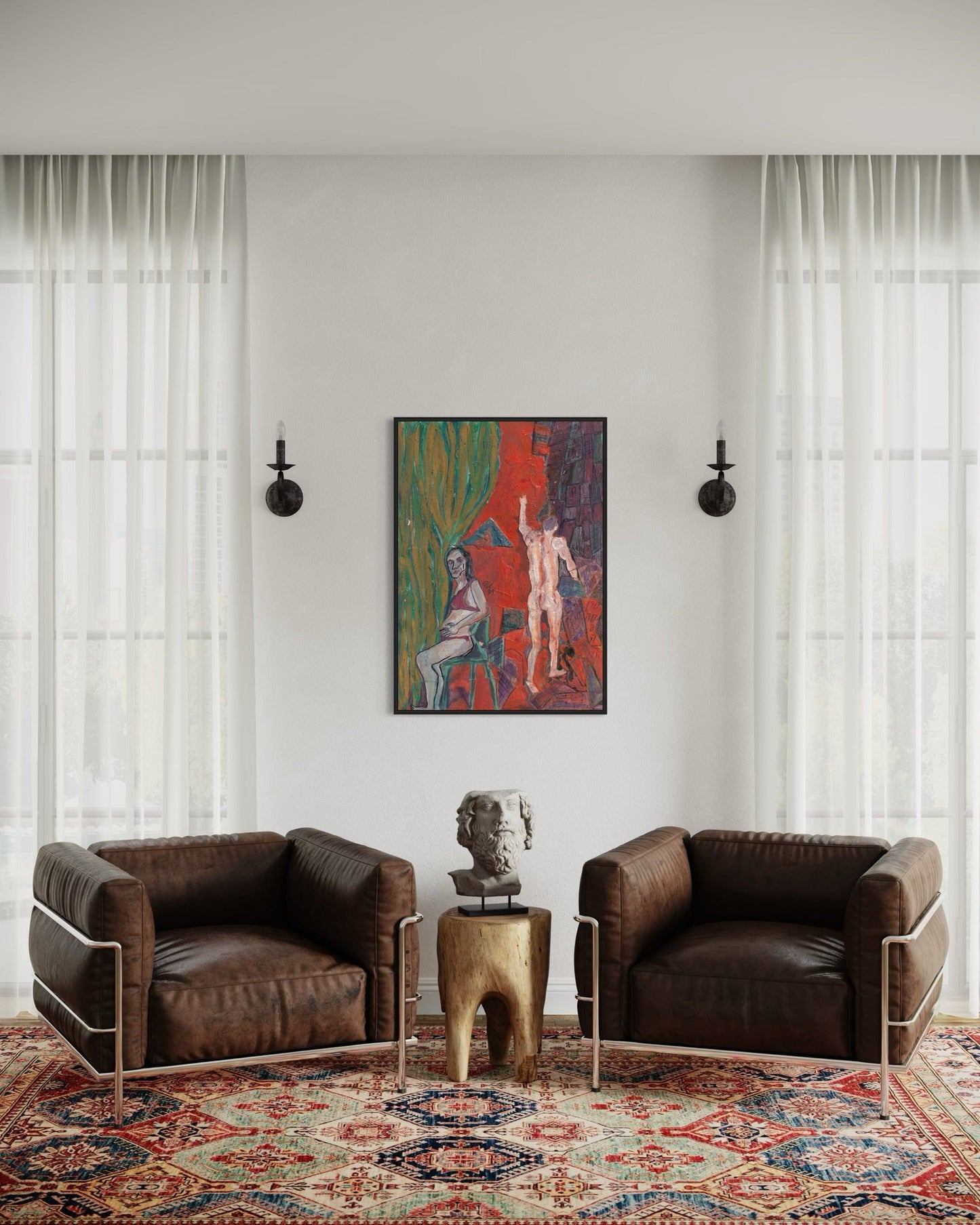 Modern living room with two brown leather chairs, a colorful abstract painting, and a decorative table.