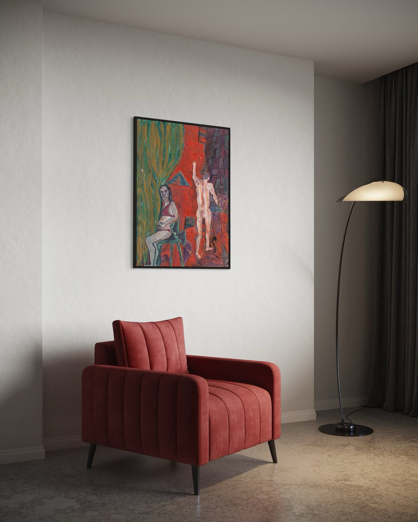 Red armchair in a room with a colorful painting on the wall and a floor lamp.