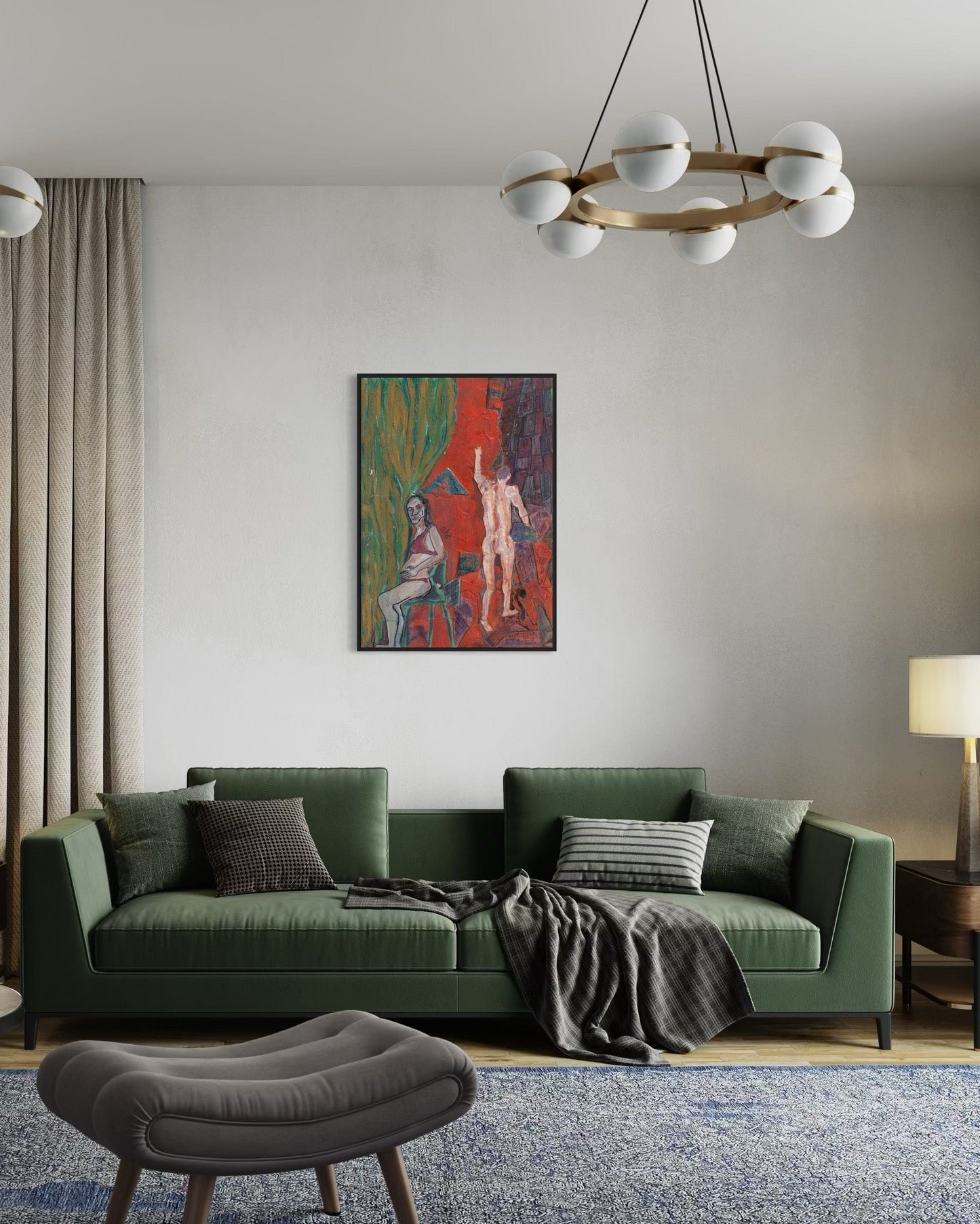 Modern living room with a green sofa, abstract painting, and decorative items.