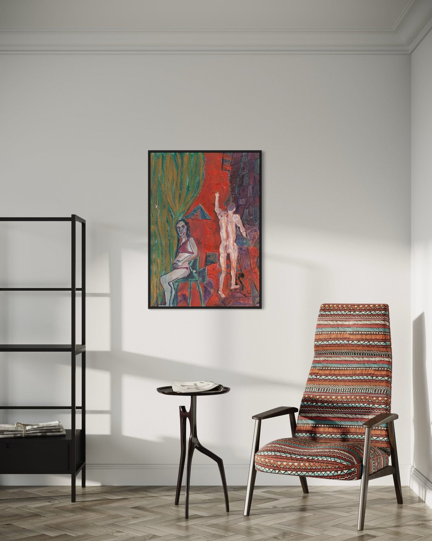 Room interior with a colorful armchair, side table, and abstract painting on the wall.