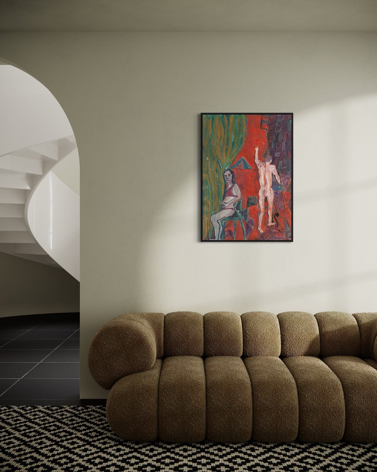 Modern living room with a brown sofa and a colorful abstract painting on the wall.