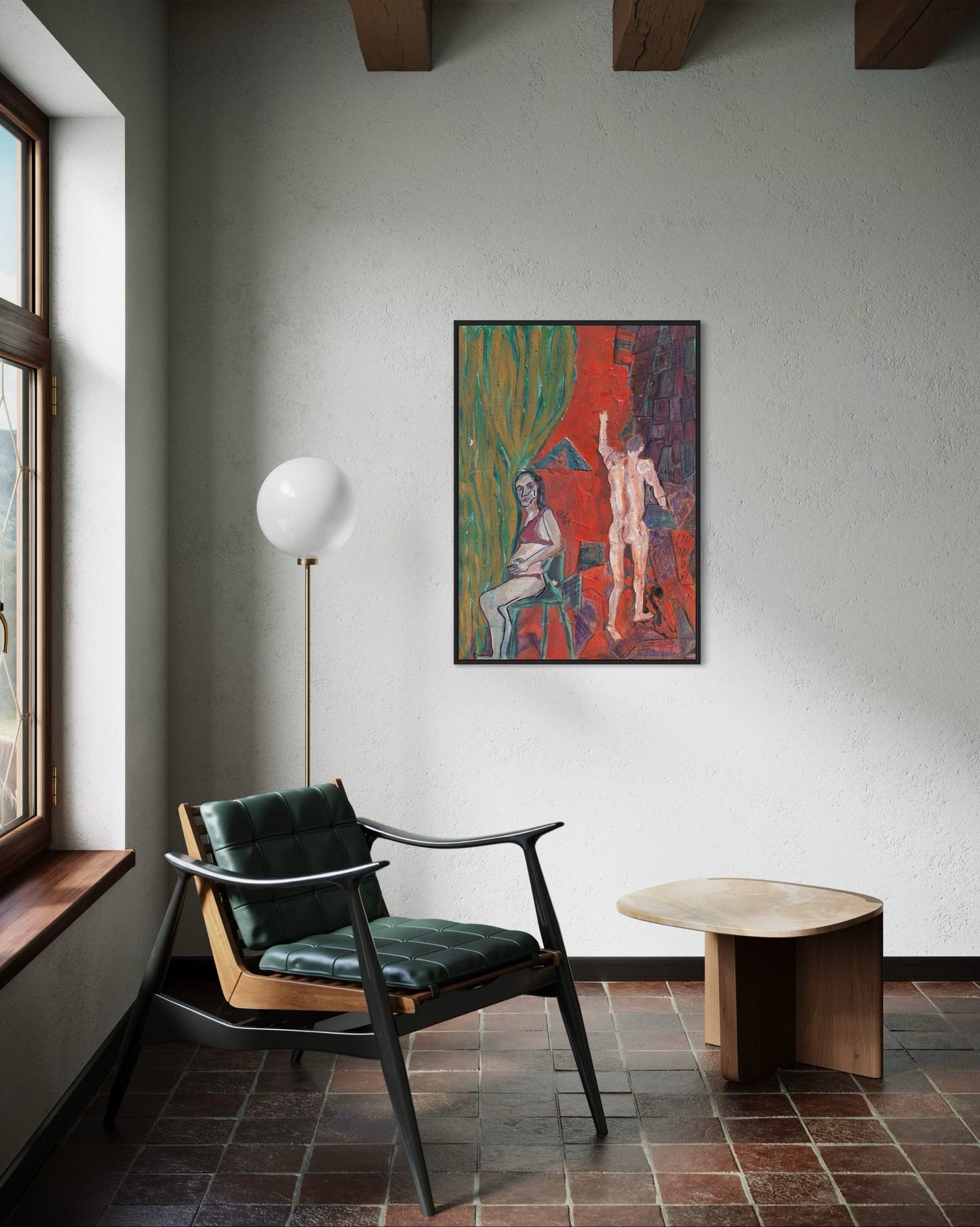 Modern interior with a chair, table, and colorful abstract painting on a gray wall.
