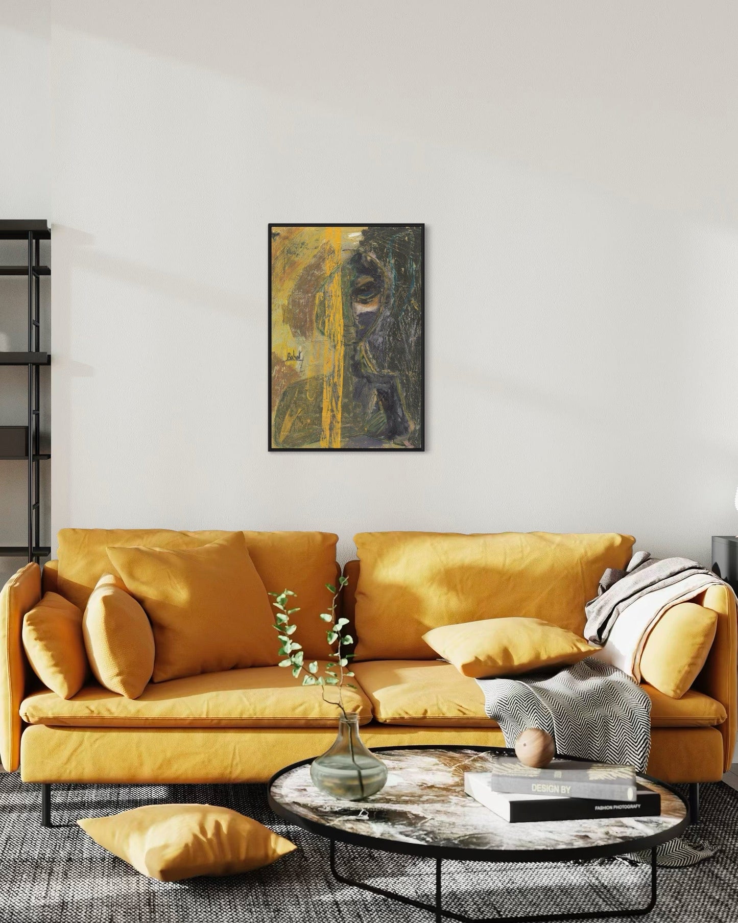 Yellow sofa in a living room with a marble coffee table and decorative items.