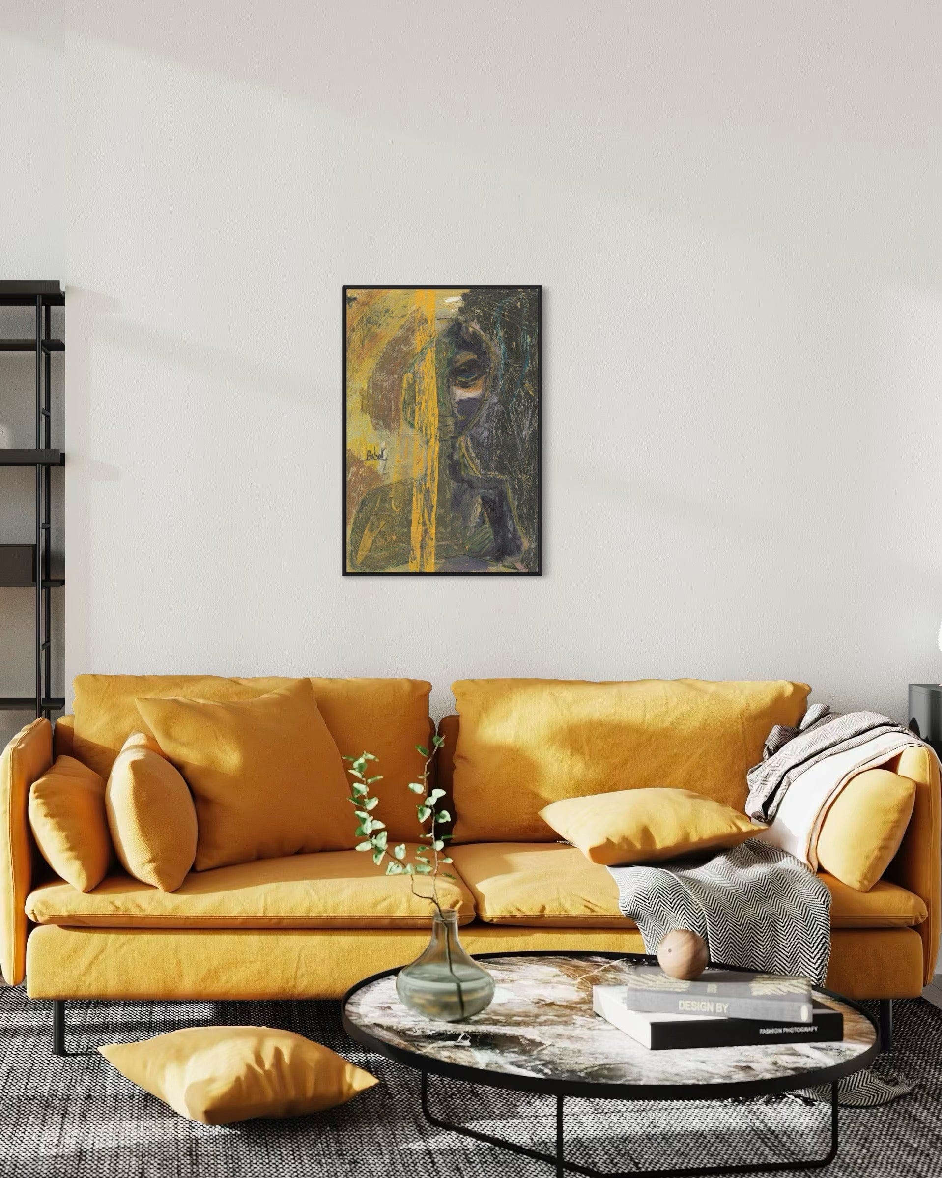 Yellow sofa in a living room with a marble coffee table and decorative items.