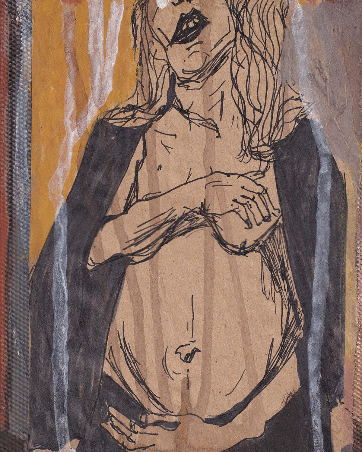 Artistic depiction of a nude figure with a dark shawl, abstract background