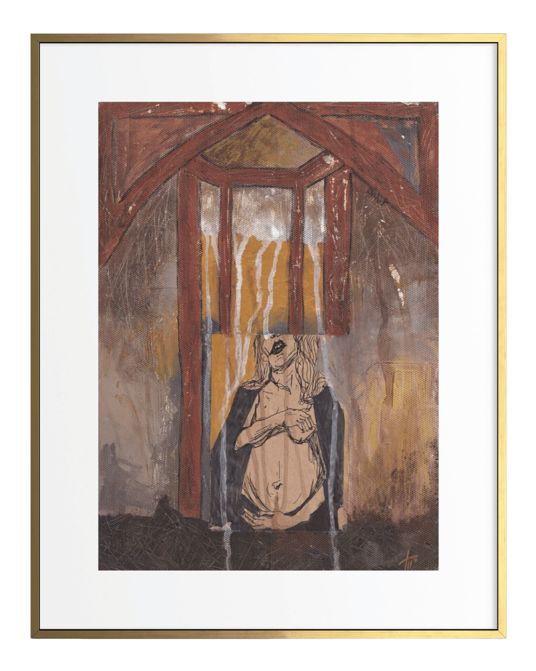 Framed artwork of a person sitting in a room with a window.