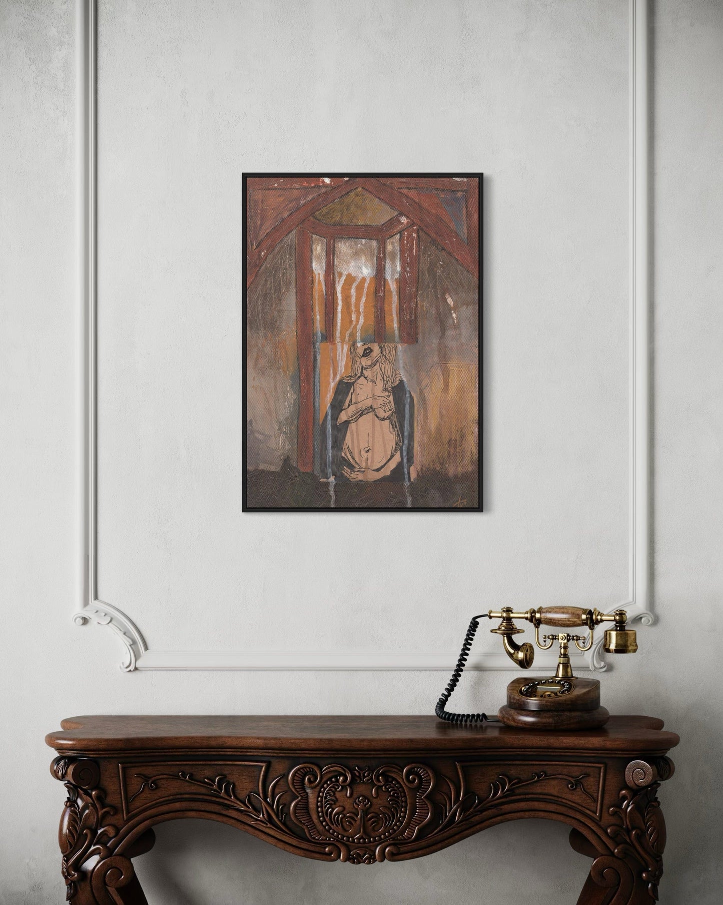 Vintage-style poster on a wall above an ornate wooden table with a vintage telephone.