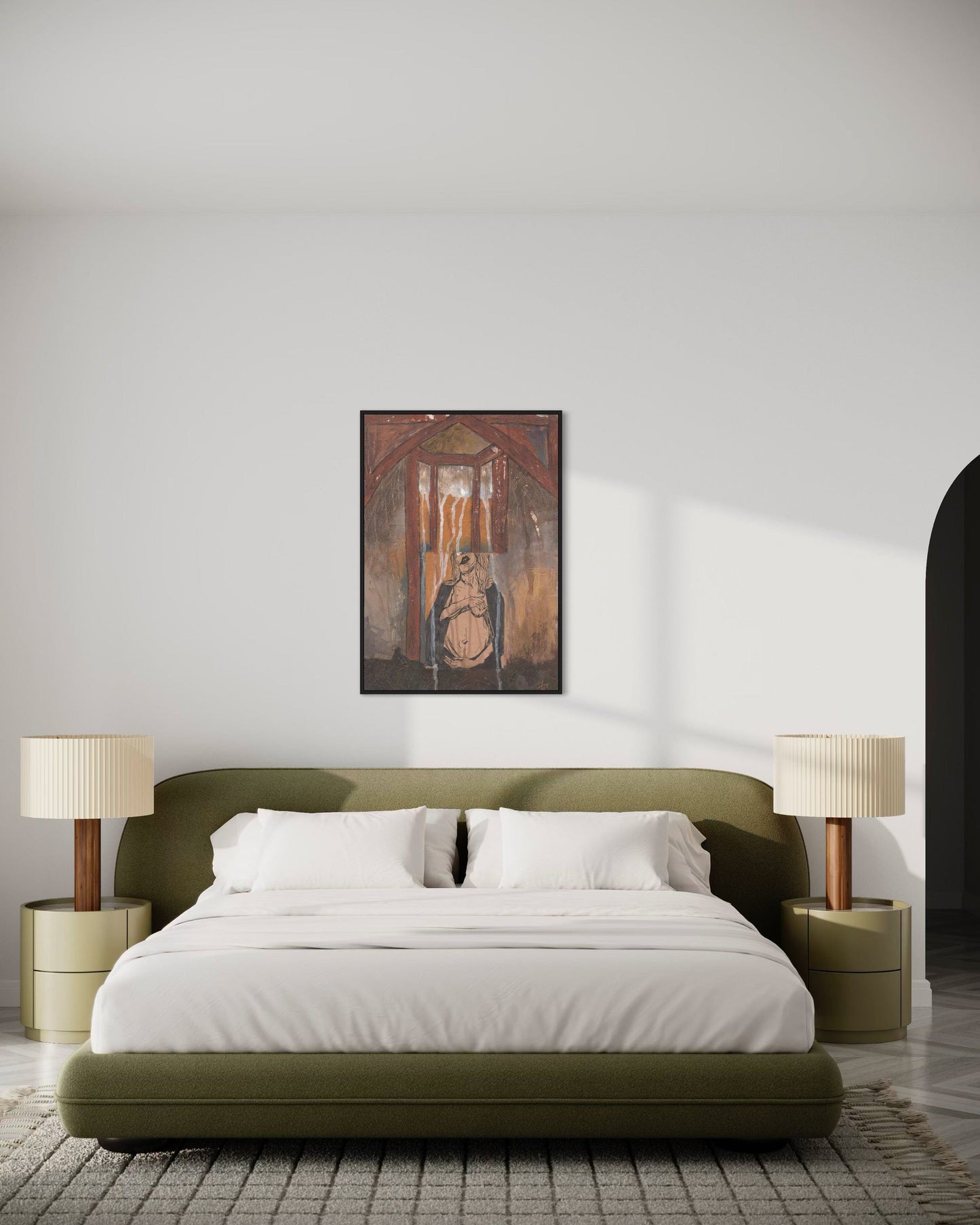 Modern bedroom with olive green bed, white bedding, and two lamps on either side.