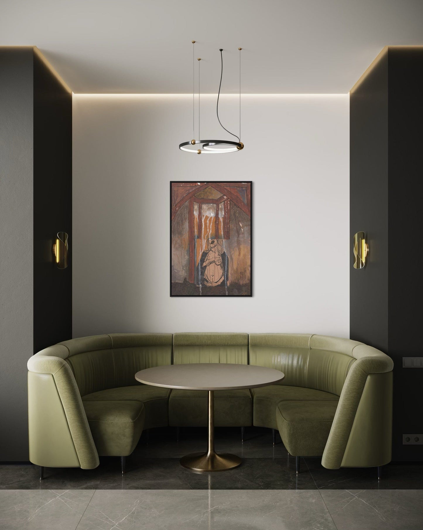 Modern interior with green curved sofa, white round table, and wall art.