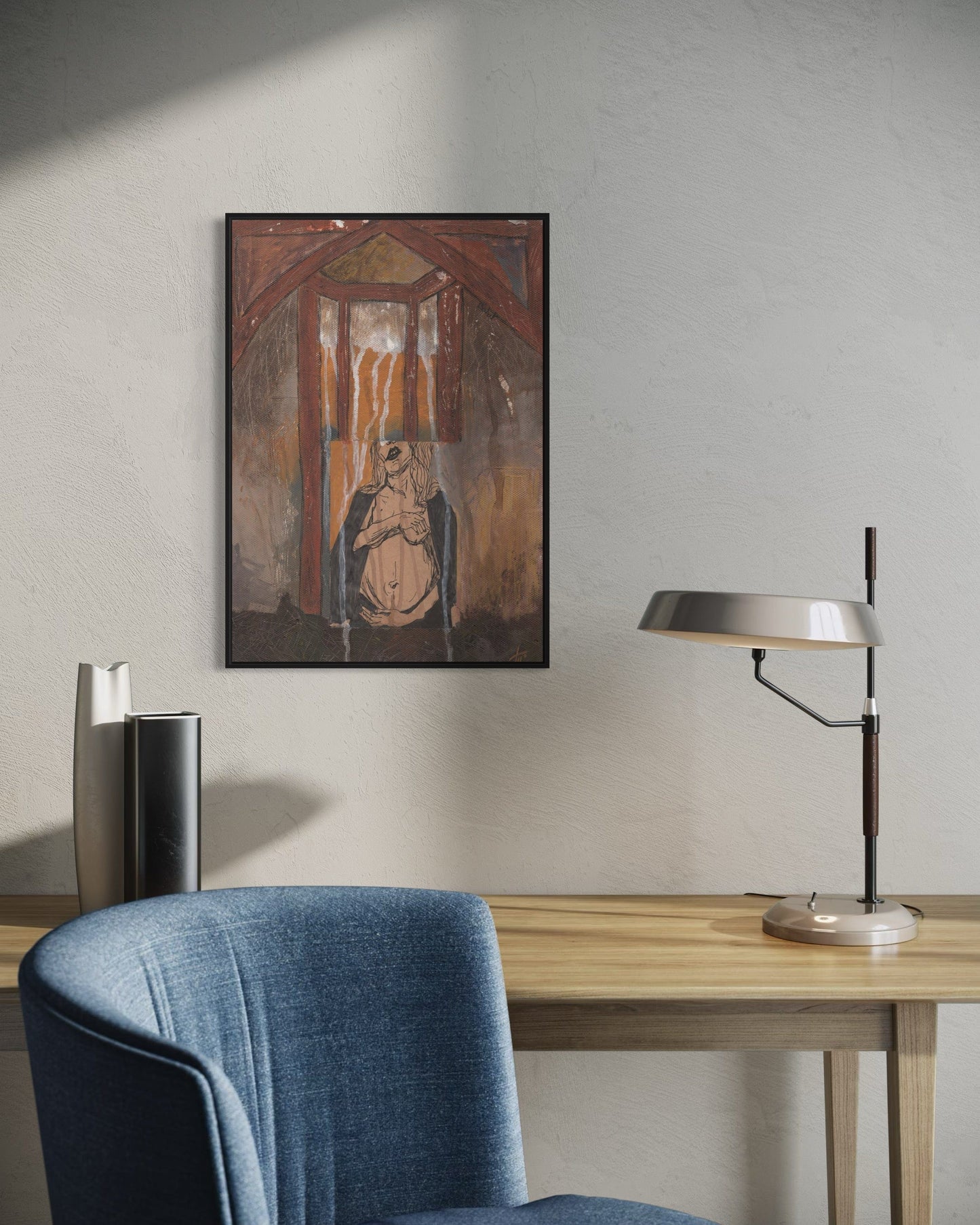 Room interior with a painting on the wall, desk, chair, and lamp.
